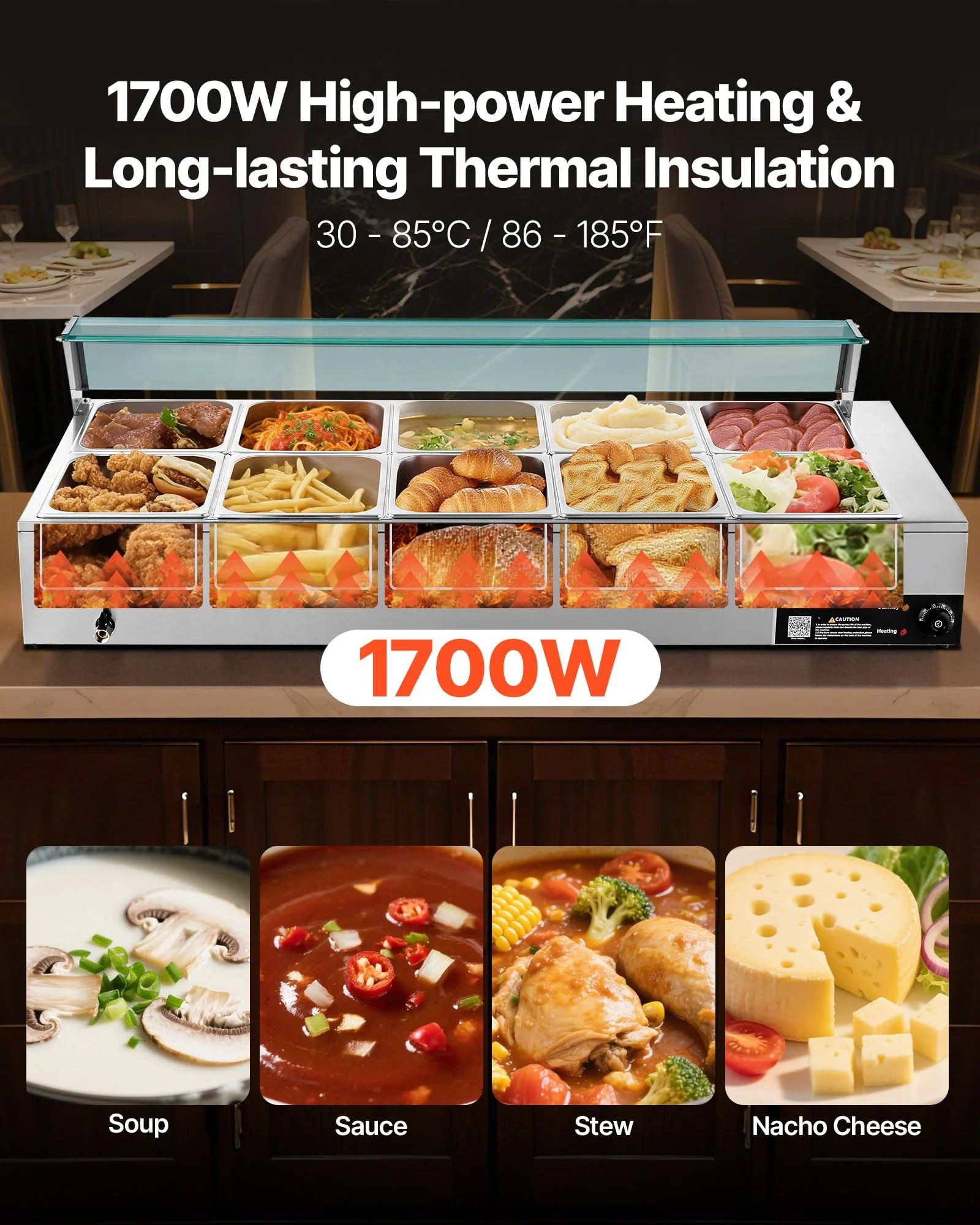 VEVOR Commercial Food Warmer, 1700W Electric Stainless Steel Steam Food Warmer with Glass Cover, 10-Pan Countertop Buffet Bain Marie with Soup & Perforated Ladles, for Catering, Restaurant & Party - Image 9