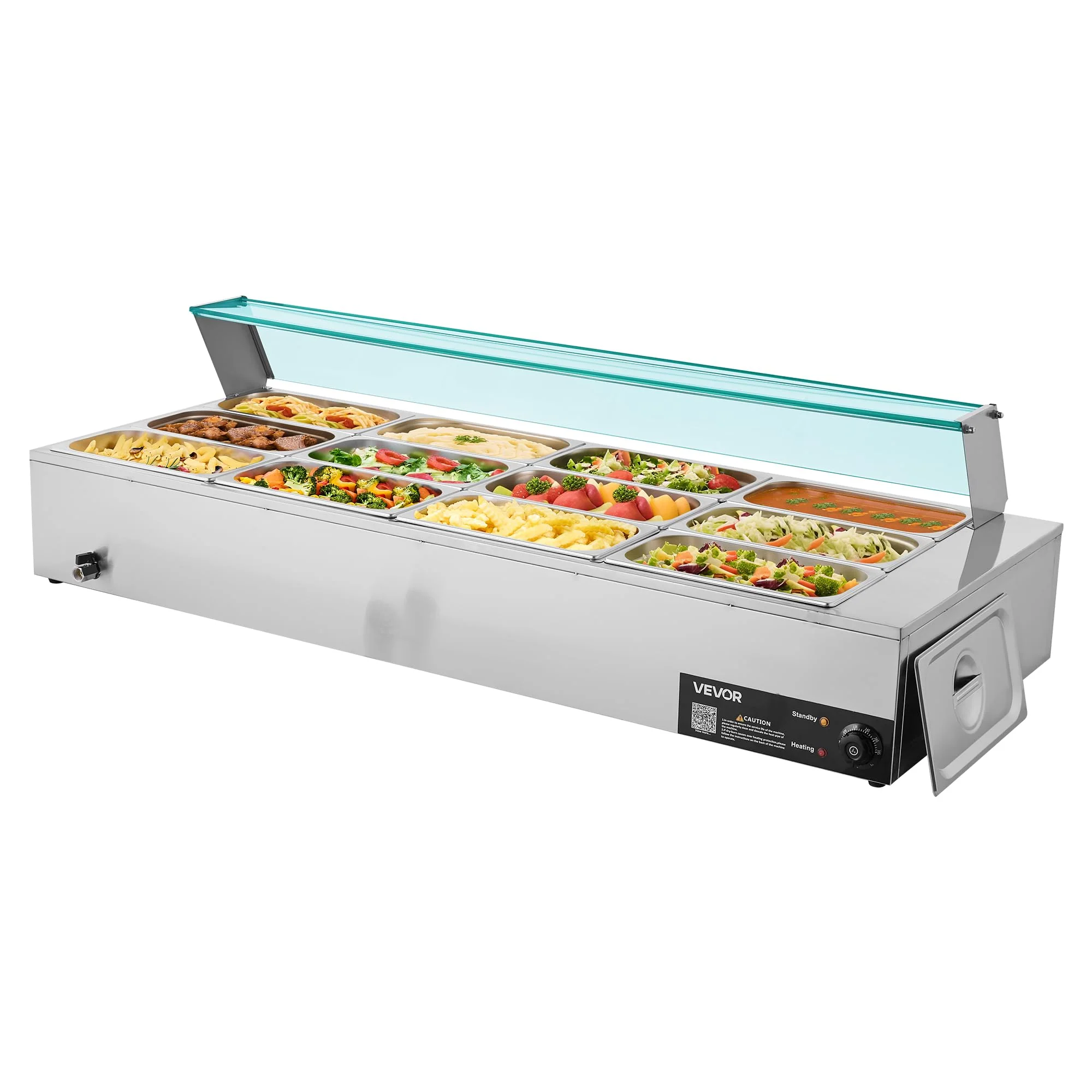VEVOR Commercial Food Warmer, 1700W Electric Stainless Steel Steam Food Warmer with Glass Cover, 12-Pan Countertop Buffet Bain Marie with Soup & Perforated Ladles, for Catering, Restaurant & Party - Image 2