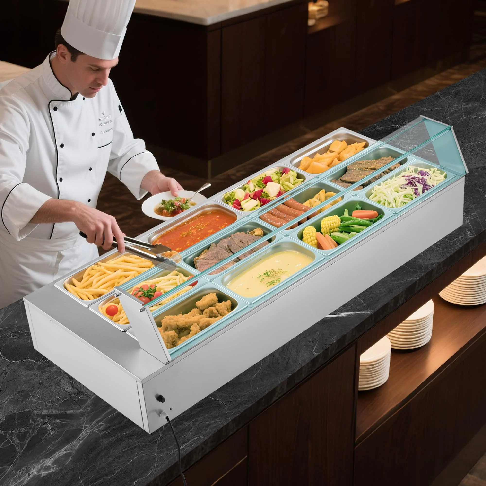 VEVOR Commercial Food Warmer, 1700W Electric Stainless Steel Steam Food Warmer with Glass Cover, 12-Pan Countertop Buffet Bain Marie with Soup & Perforated Ladles, for Catering, Restaurant & Party - Image 3