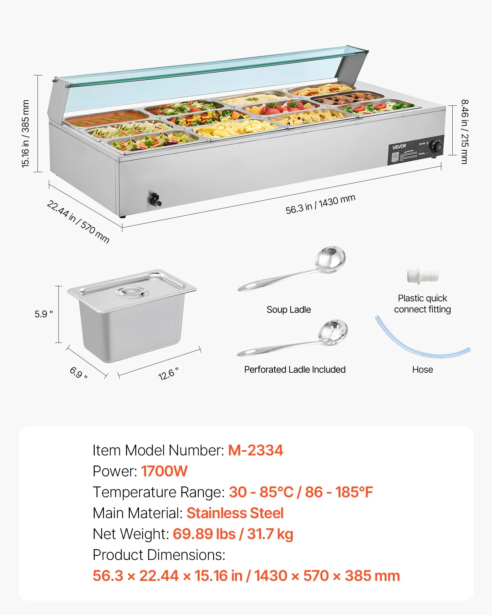 VEVOR Commercial Food Warmer, 1700W Electric Stainless Steel Steam Food Warmer with Glass Cover, 12-Pan Countertop Buffet Bain Marie with Soup & Perforated Ladles, for Catering, Restaurant & Party - Image 4