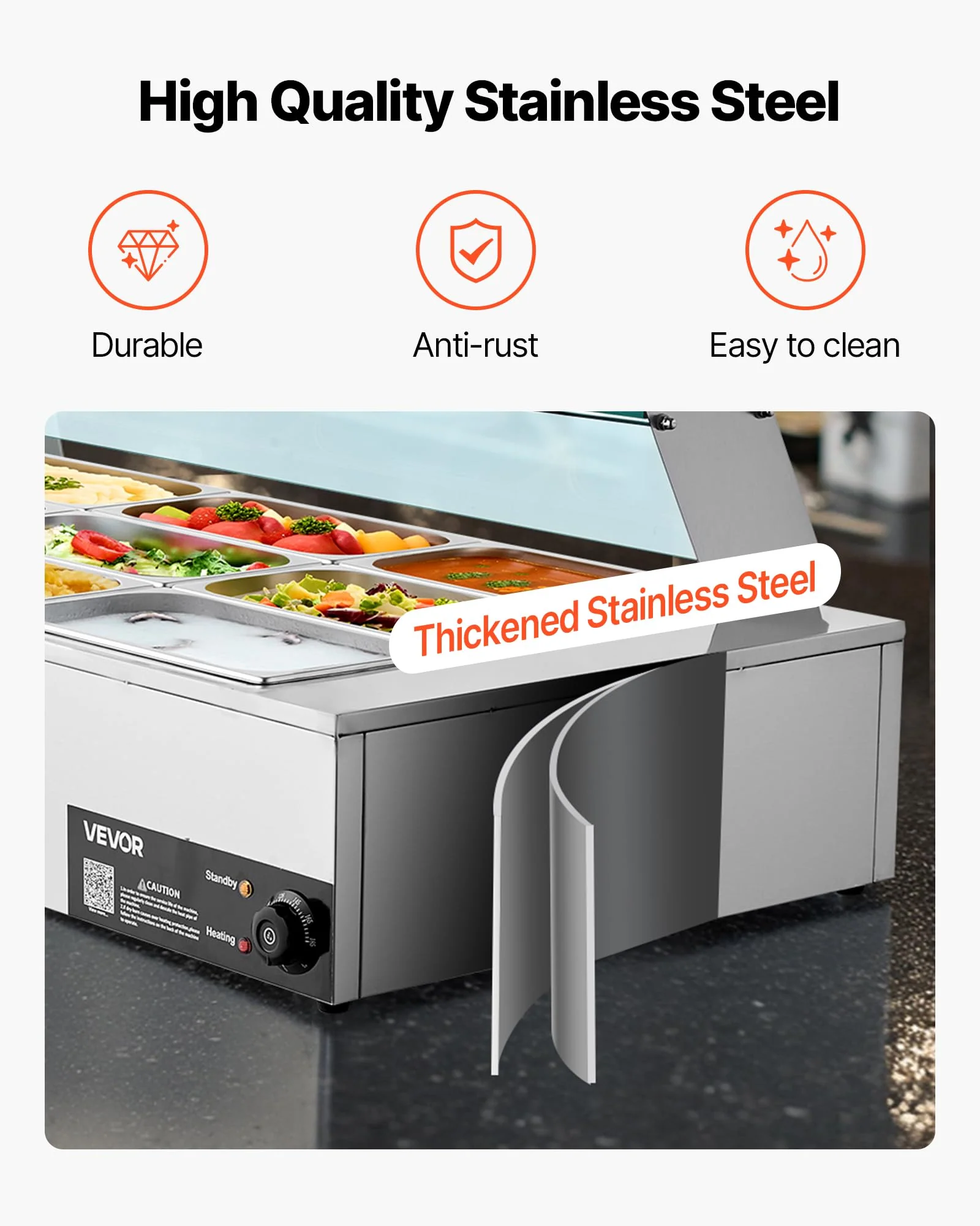 VEVOR Commercial Food Warmer, 1700W Electric Stainless Steel Steam Food Warmer with Glass Cover, 12-Pan Countertop Buffet Bain Marie with Soup & Perforated Ladles, for Catering, Restaurant & Party - Image 6
