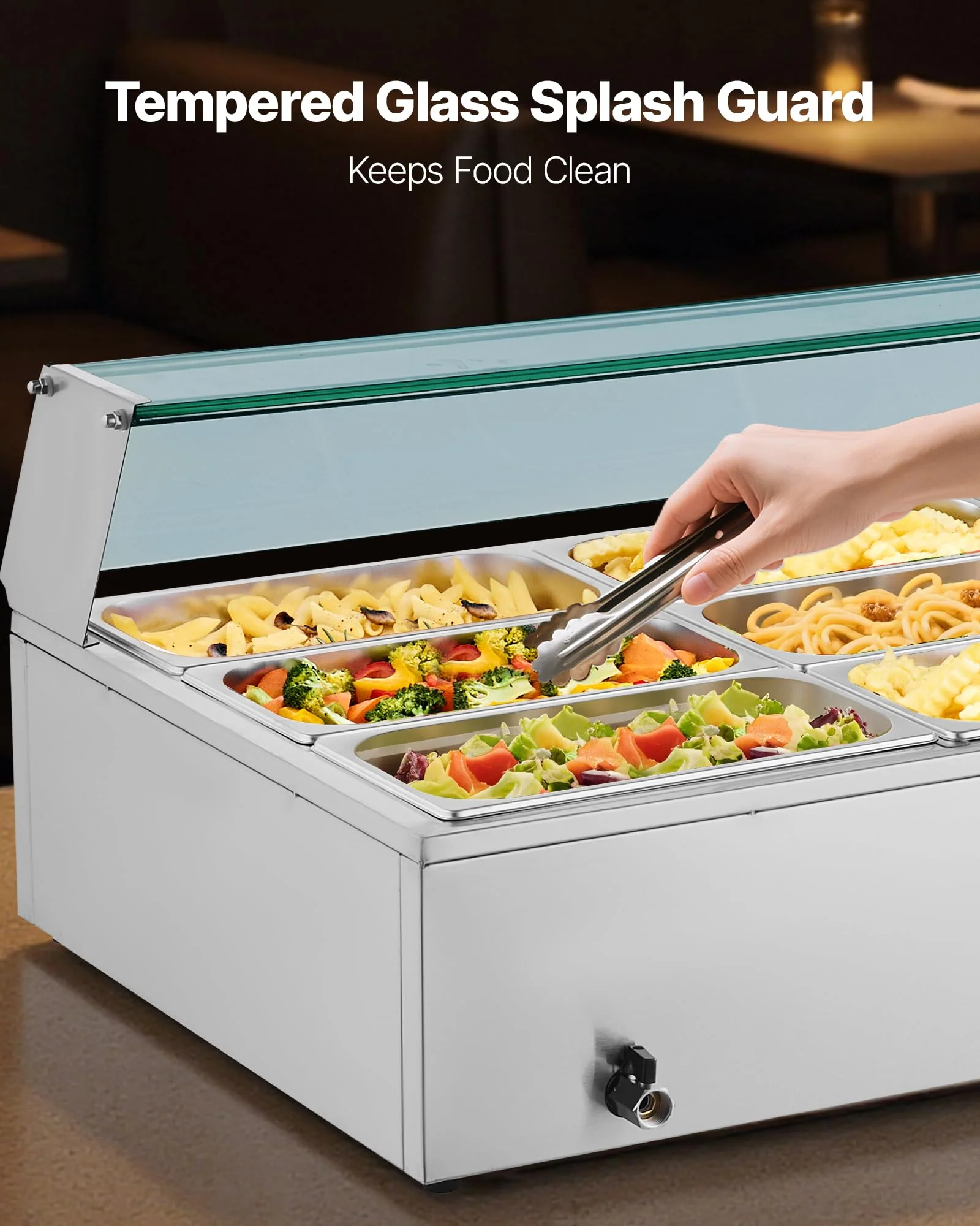 VEVOR Commercial Food Warmer, 1700W Electric Stainless Steel Steam Food Warmer with Glass Cover, 12-Pan Countertop Buffet Bain Marie with Soup & Perforated Ladles, for Catering, Restaurant & Party - Image 7