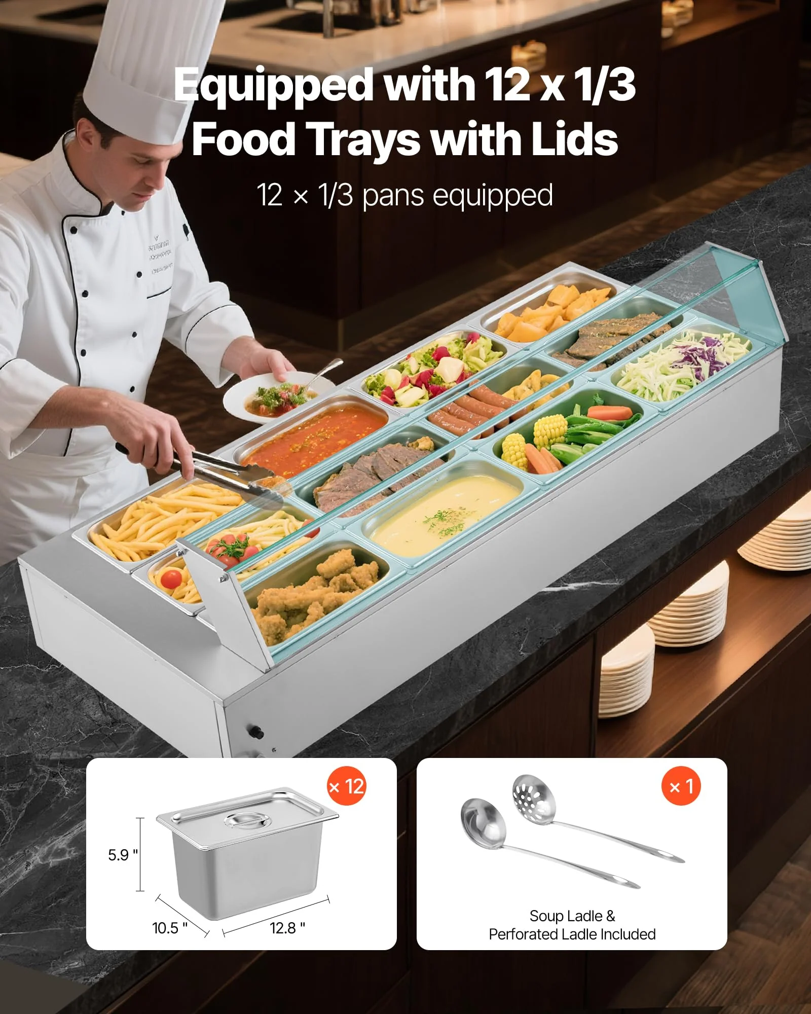 VEVOR Commercial Food Warmer, 1700W Electric Stainless Steel Steam Food Warmer with Glass Cover, 12-Pan Countertop Buffet Bain Marie with Soup & Perforated Ladles, for Catering, Restaurant & Party - Image 8