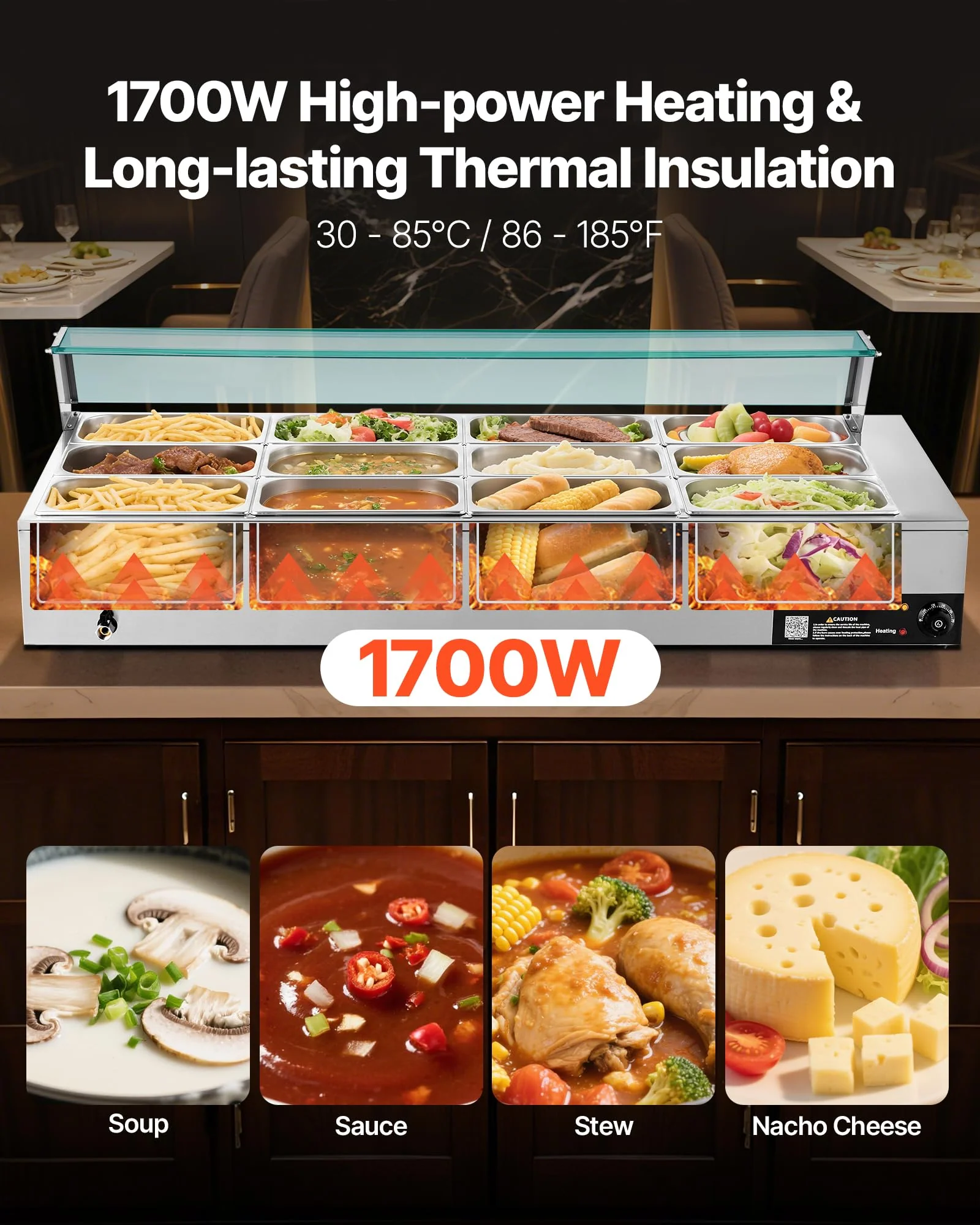 VEVOR Commercial Food Warmer, 1700W Electric Stainless Steel Steam Food Warmer with Glass Cover, 12-Pan Countertop Buffet Bain Marie with Soup & Perforated Ladles, for Catering, Restaurant & Party - Image 9