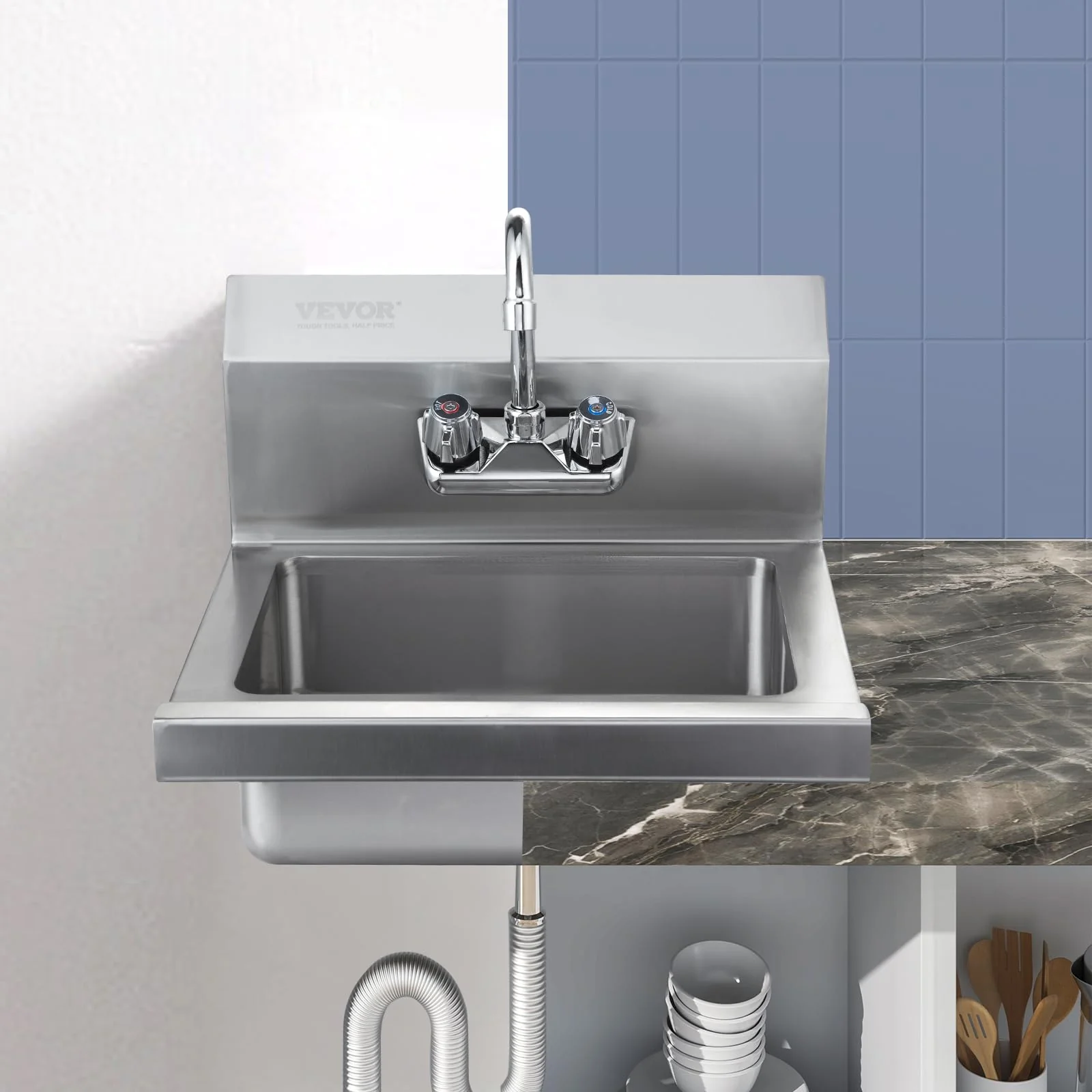 VEVOR Commercial Hand Sink 17x12.8 inch Stainless Steel Sink with Faucet & Side Splash, Wall-Mount Small Hand Basin for Restaurant, Kitchen, Bar, Garage, Home - Image 10