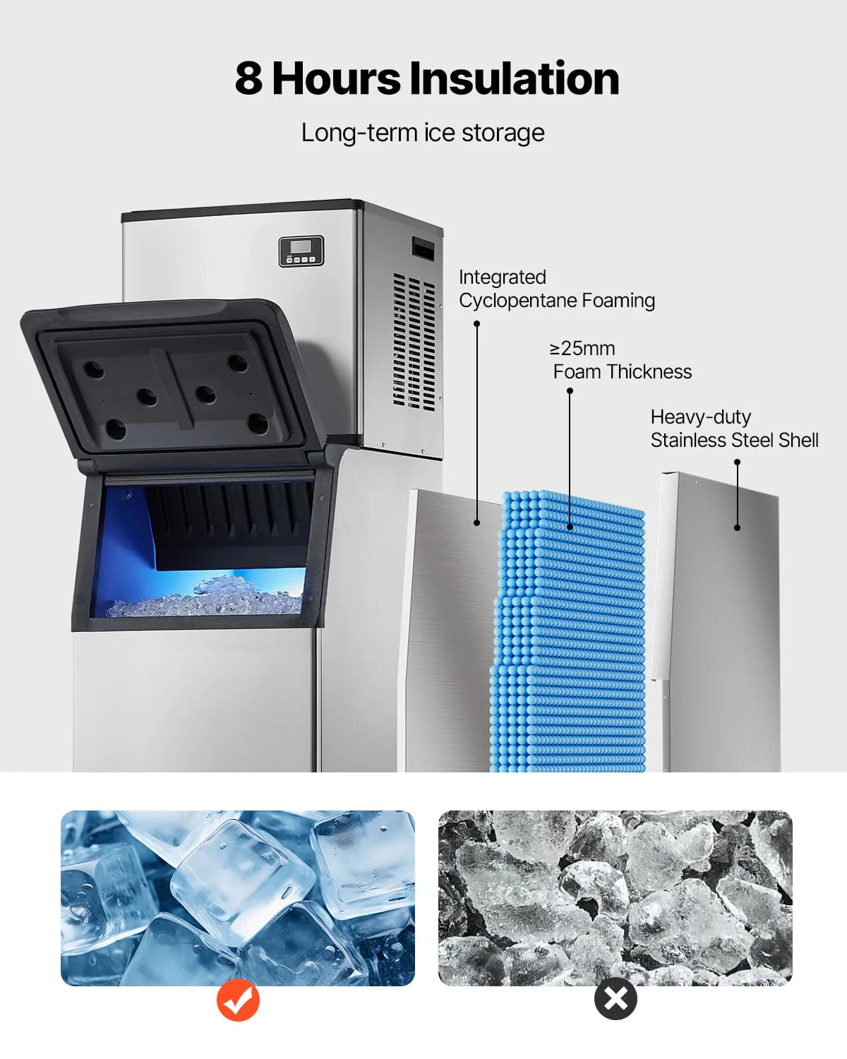 VEVOR Commercial Ice Maker Machine, 500LBS/24H Ice-Making Machine with 300LBS Large Storage Bin, Auto Self-Cleaning Ice Maker with Touchscreen for Bar Cafe Restaurant Business Commercial - Image 7