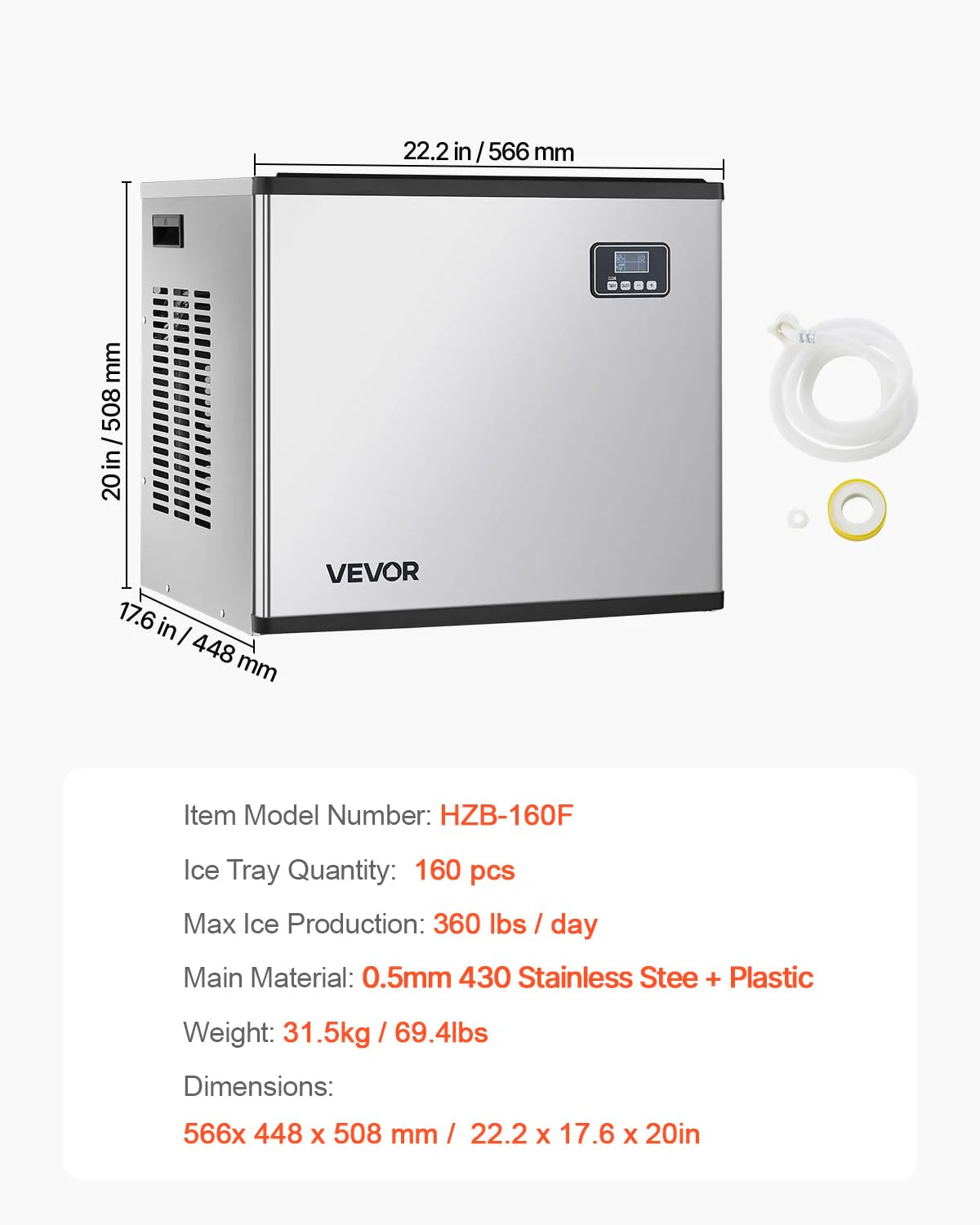 VEVOR Commercial Ice Maker Machine - Head, 360 Lbs/Day Stainless Steel Ice Machine with Self-Cleaning, Scheduled Ice-Making, Adjustable Thickness, Ideal for Restaurant Bar Cafe Hotel - Head Only - Image 4