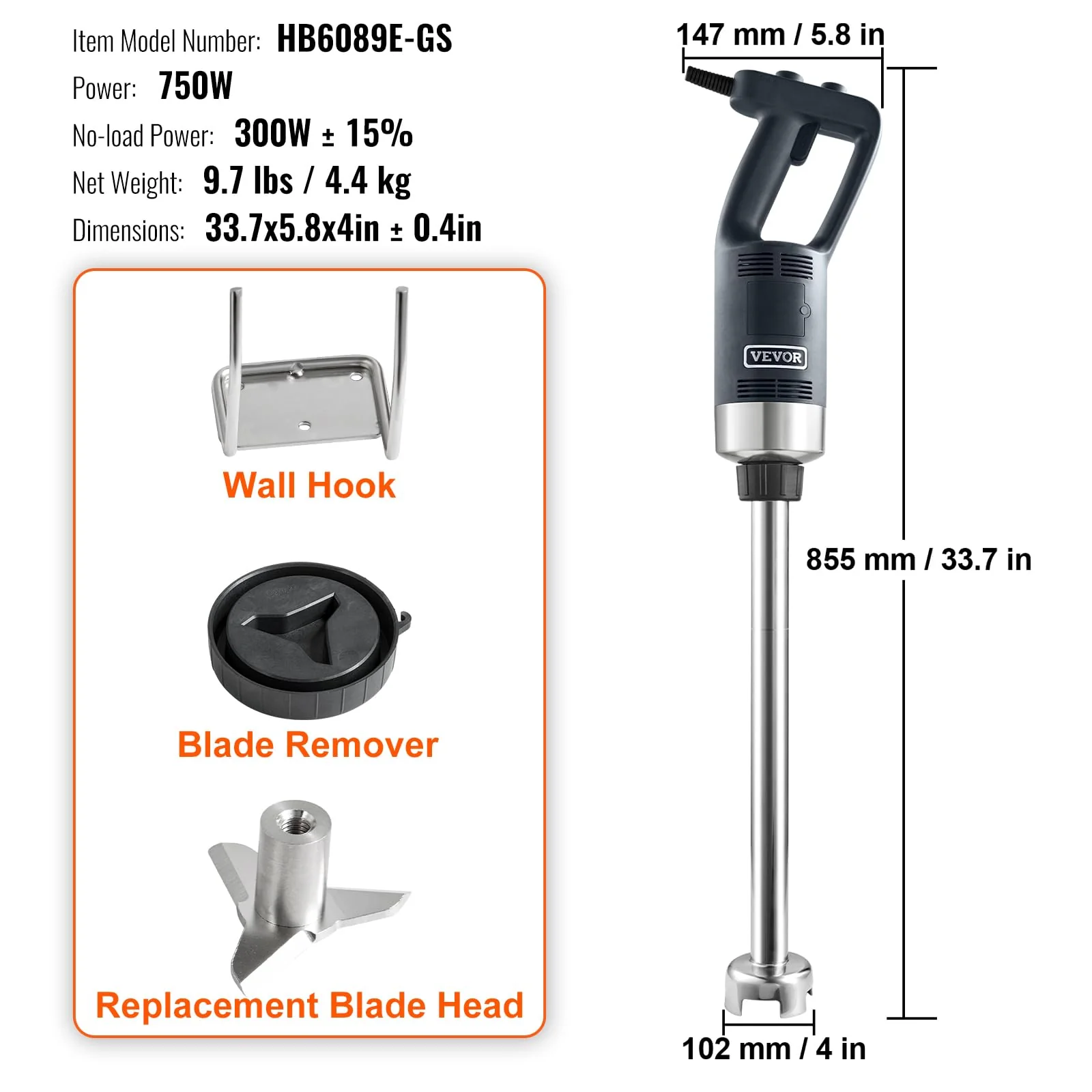 VEVOR Commercial Immersion Blender, 750W 20" Heavy Duty Hand Mixer, Variable Speed Kitchen Stick Mixer with 304 Stainless Steel Blade, Multi-Purpose Portable Mixer for Soup, Smoothie, Puree, Baby Food - Image 7