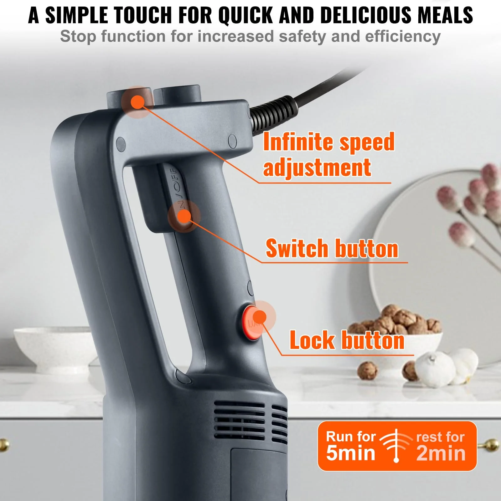 VEVOR Commercial Immersion Blender, 750W 20" Heavy Duty Hand Mixer, Variable Speed Kitchen Stick Mixer with 304 Stainless Steel Blade, Multi-Purpose Portable Mixer for Soup, Smoothie, Puree, Baby Food - Image 10