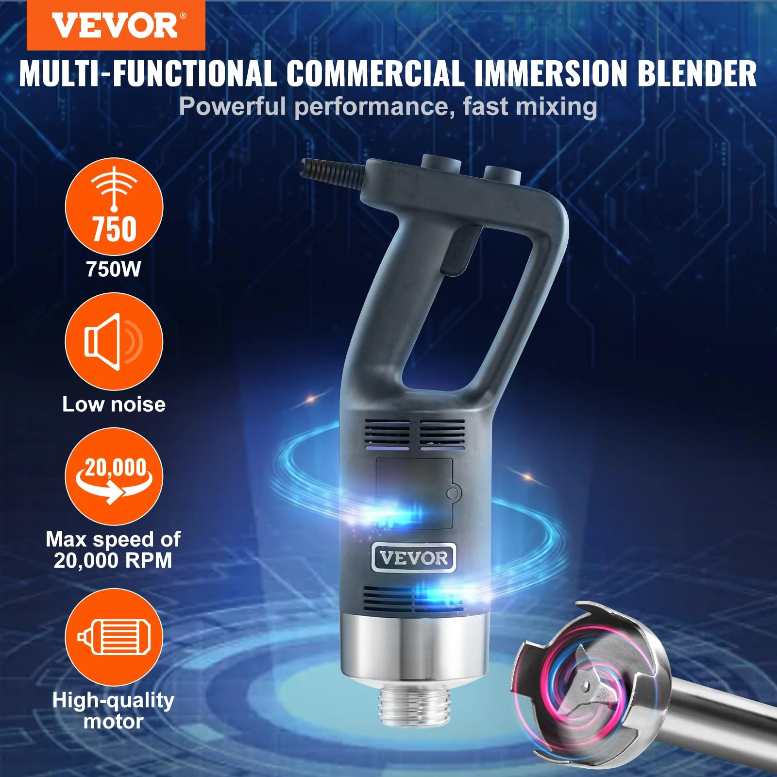 VEVOR Commercial Immersion Blender, 750W 20" Heavy Duty Hand Mixer, Variable Speed Kitchen Stick Mixer with 304 Stainless Steel Blade, Multi-Purpose Portable Mixer for Soup, Smoothie, Puree, Baby Food - Image 12