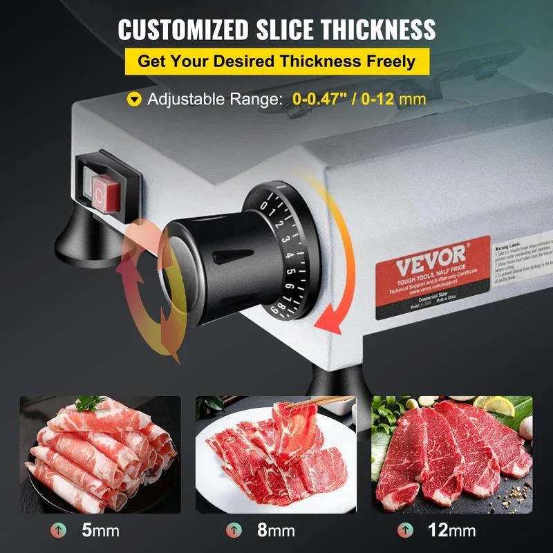 VEVOR Commercial Meat Slicer, 240W Electric Deli Food Slicer, 10" Carbon Steel Blade Electric Food Slicer, 350-400RPM Meat Slicer, 0 - 0.47 inch Thickness Adjustable for Commercial and Home Use - Blade Diameter: 7.5 inch - 180W - Image 5