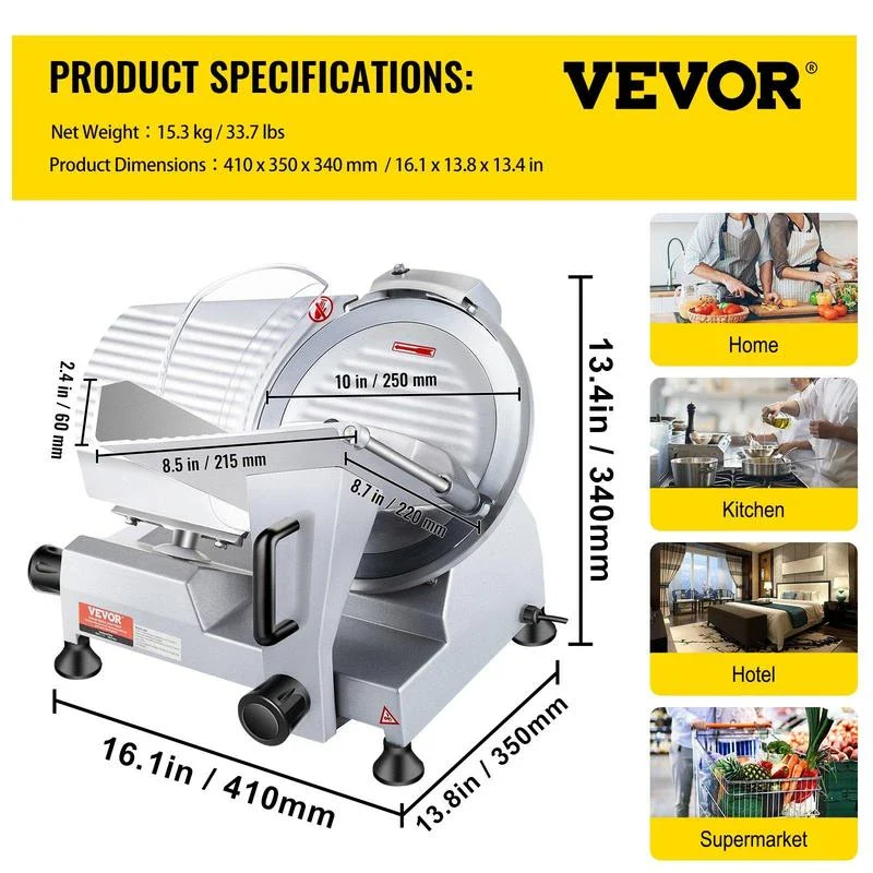 VEVOR Commercial Meat Slicer, 240W Electric Deli Food Slicer, 10" Carbon Steel Blade Electric Food Slicer, 350-400RPM Meat Slicer, 0 - 0.47 inch Thickness Adjustable for Commercial and Home Use - Blade Diameter: 7.5 inch - 180W - Image 8