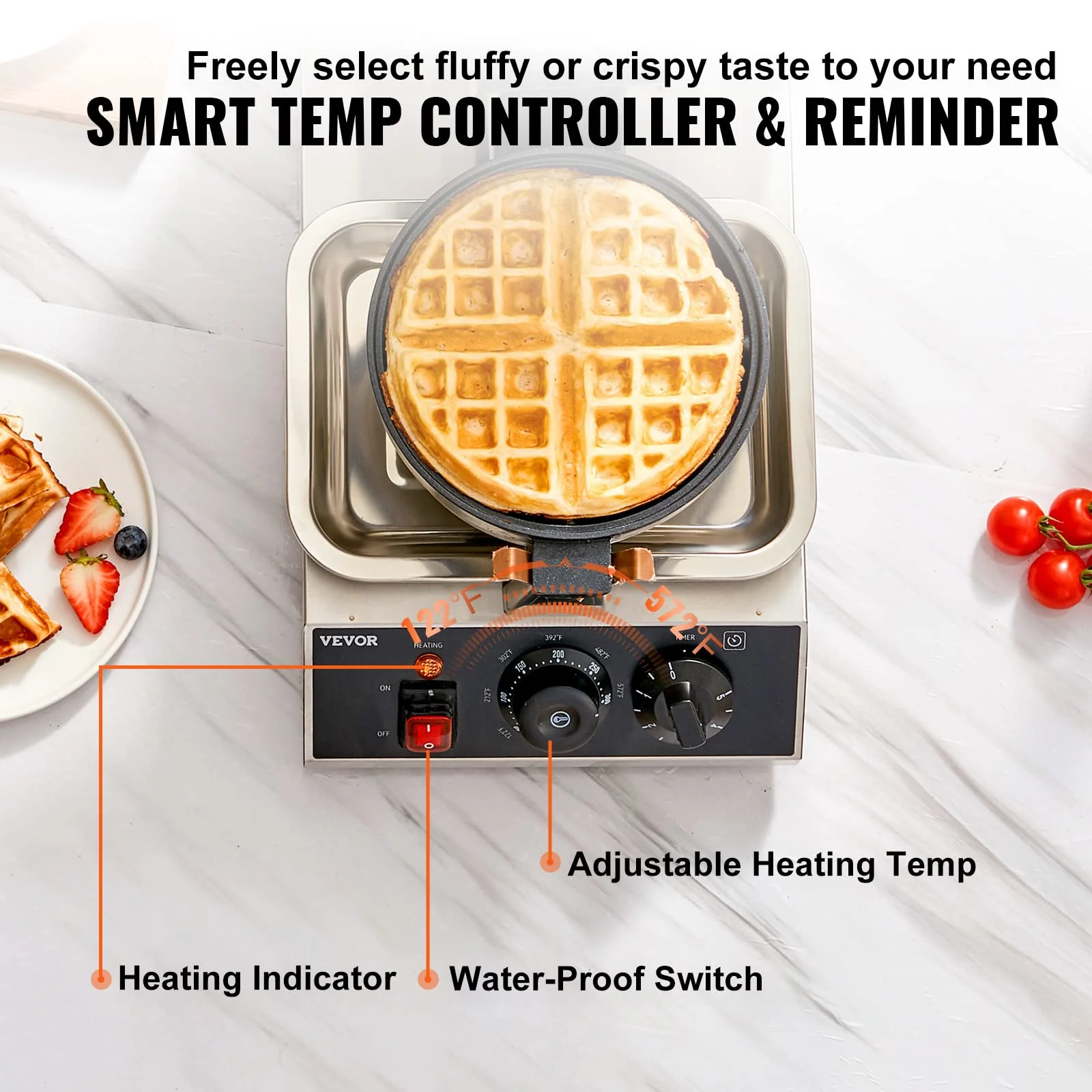 VEVOR Commercial Waffle Maker, 1300W Round Waffle Iron, Non-Stick Rotatable Waffle Baker Machine With 122-572℉ Temp Range and Time Control, Teflon-Coated Baking Pan Stainless Steel Body 120V - Image 11