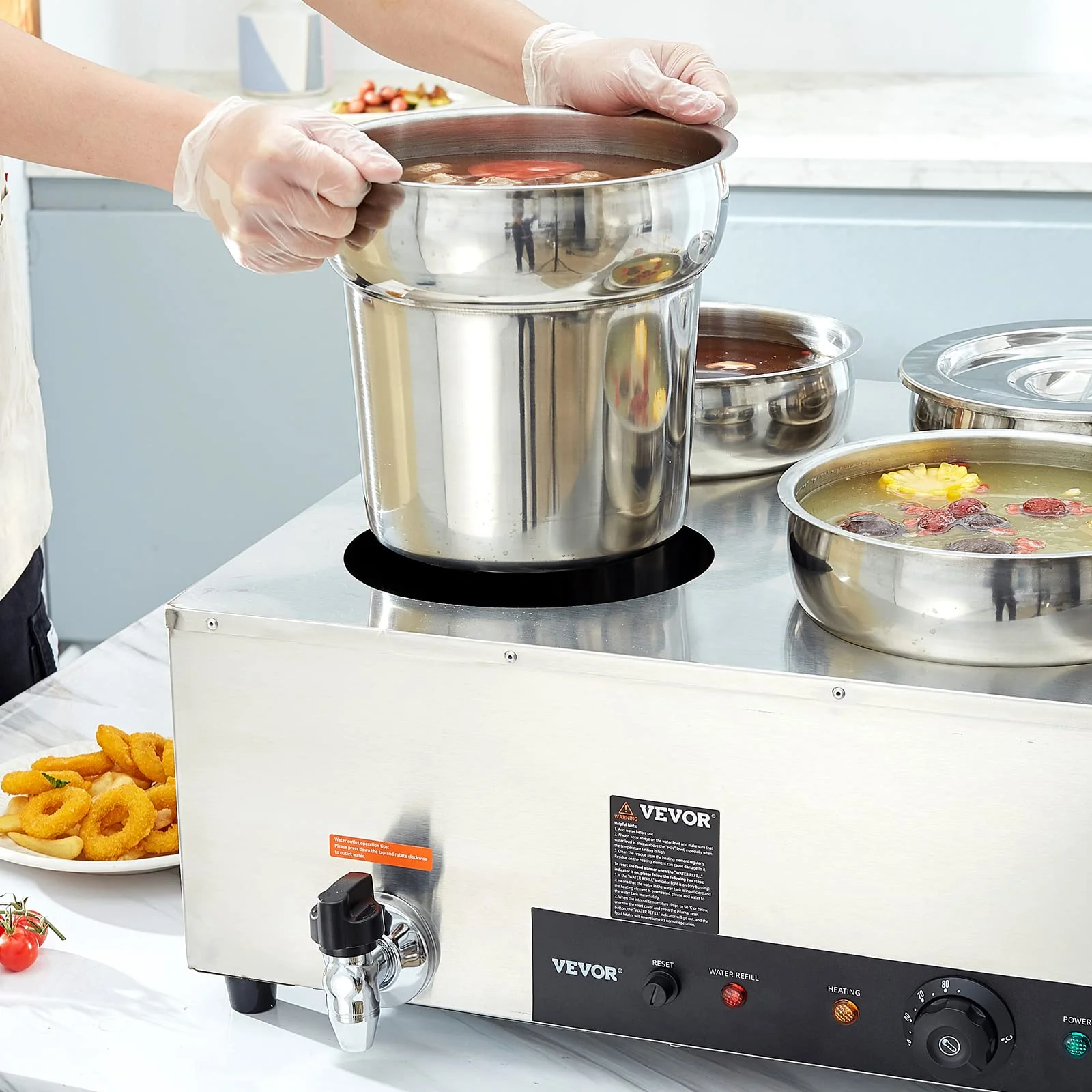 VEVOR Electric Soup Warmer, Four 7.4QT Stainless Steel Round Pot 86~185°F Adjustable Temp, 1500W Commercial Bain Marie with Anti-Dry Burn and Reset Button, Soup Station for Restaurant, Buffet, Silver - Image 2