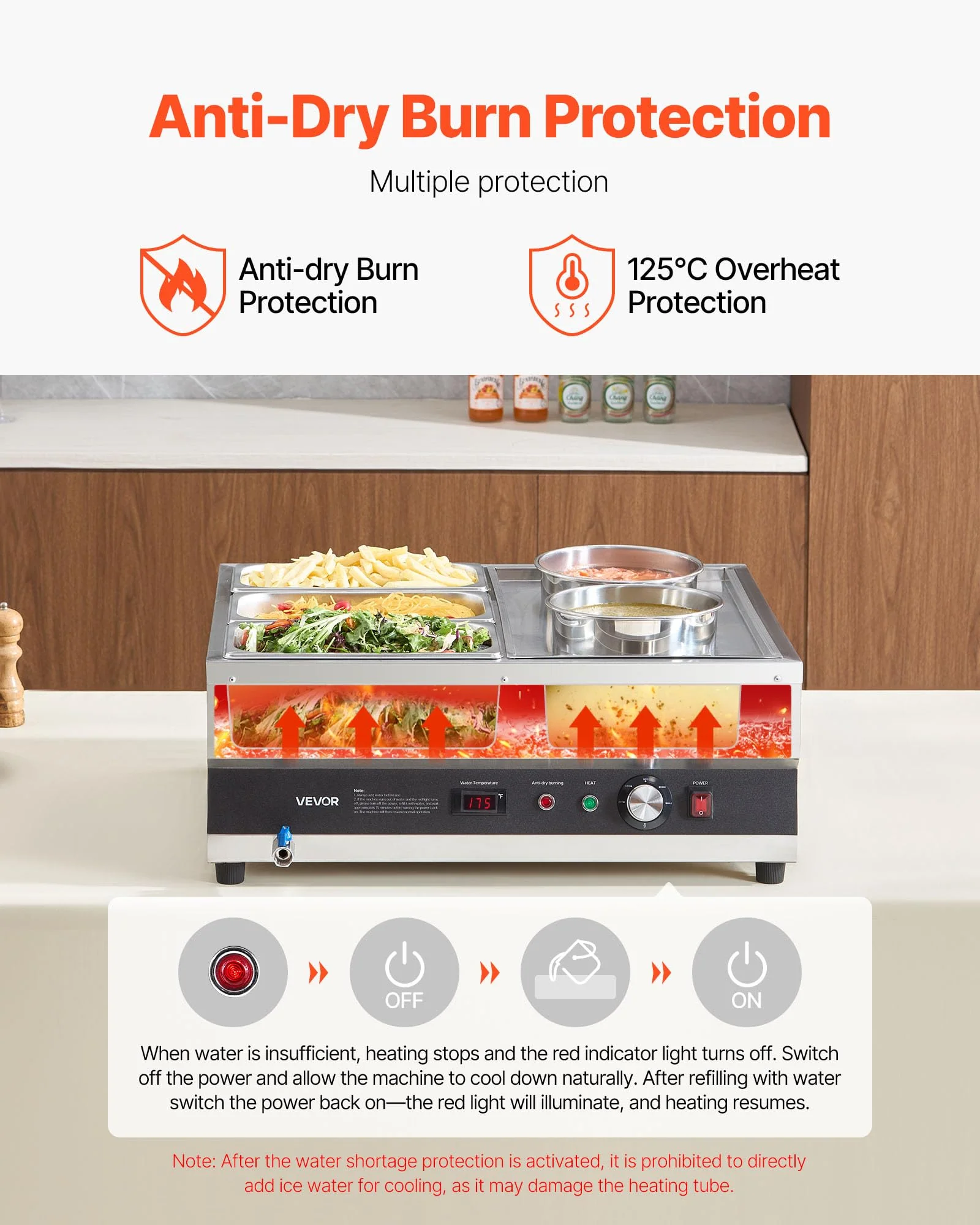 VEVOR Electric Soup Warmer, Two 6.34QT Pots & Three 1/3 Pans, Stainless Steel Commercial Food Warmer with 86~185°F Adjustable Temp, 1500W Bain Marie, Soup Station for Restaurant, Buffet - Image 6