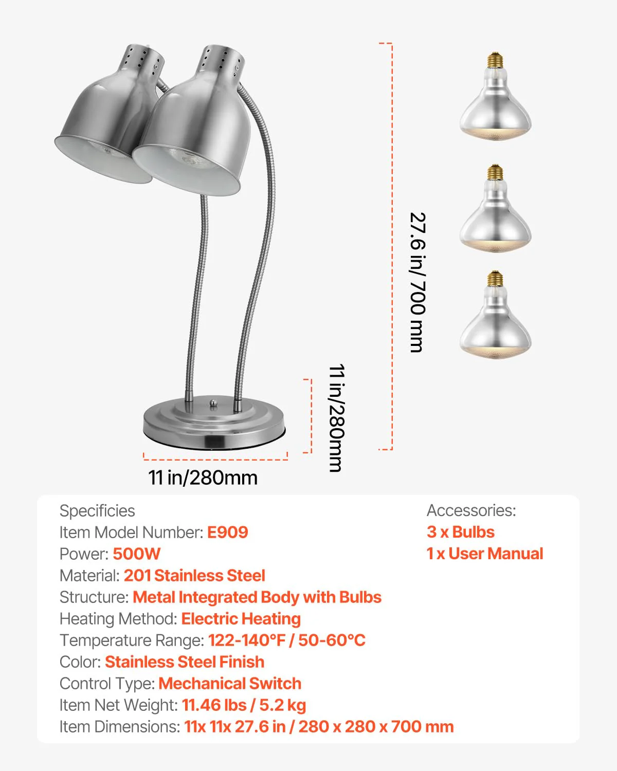 VEVOR Food Heat Lamp, 500W Electric Commercial Food Warmer Light, 2-Head Stainless Steel French Fry Heating Lamp with 3 Bulbs, Catering Food Warming Equipment for Kitchen, Buffet, Restaurant, Silver - Image 7