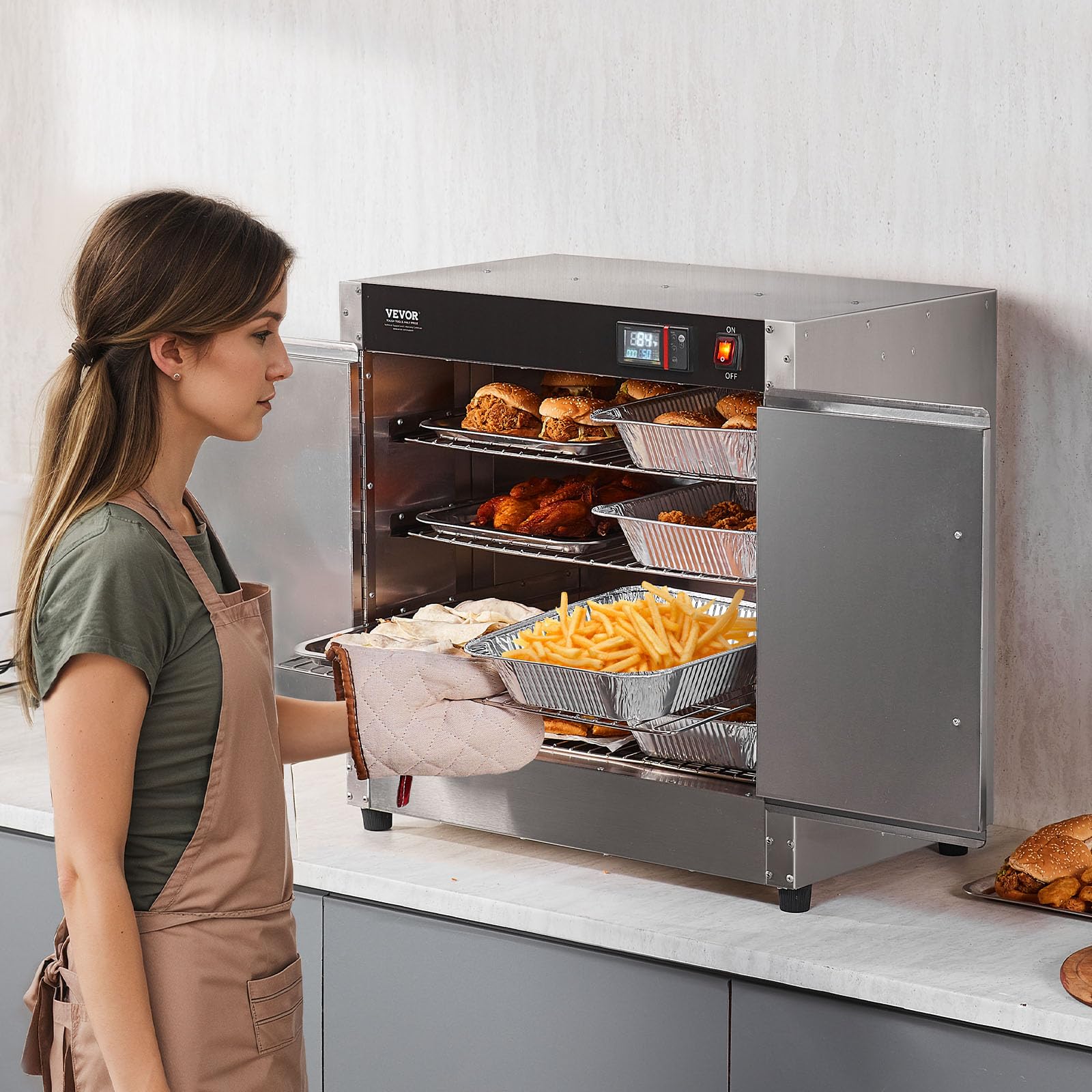 VEVOR Hot Box Food Warmer, 4-Tier Concession Warmer with Water Tray, 4 Pans, Double-Door and Adjustable Shelves, Stainless Steel Food Warmer Cabinet, Ideal for Storing Pizza, Chicken, Restaurant - Image 6