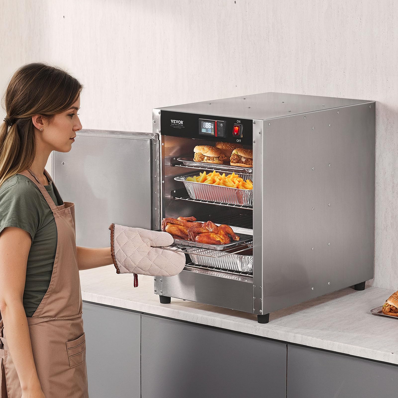 VEVOR Hot Box Food Warmer, 4-Tier Concession Warmer with Water Tray, 4 Pans, Single-Door and Adjustable Shelves, Stainless Steel Food Warmer Cabinet, Ideal for Storing Pizza, Chicken, Restaurant - Image 3