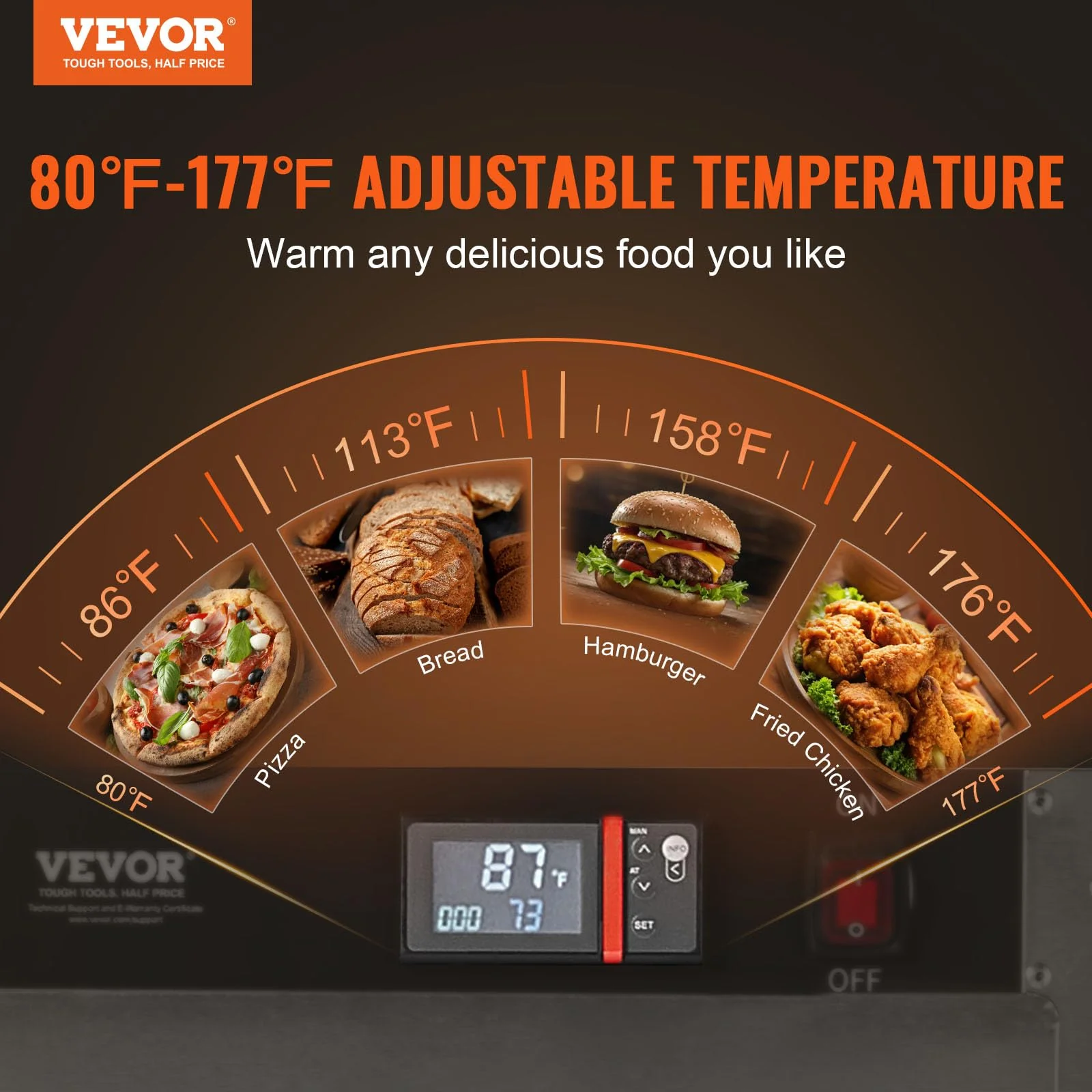VEVOR Hot Box Food Warmer, 4-Tier Concession Warmer with Water Tray, 4 Pans, Single-Door and Adjustable Shelves, Stainless Steel Food Warmer Cabinet, Ideal for Storing Pizza, Chicken, Restaurant - Image 9