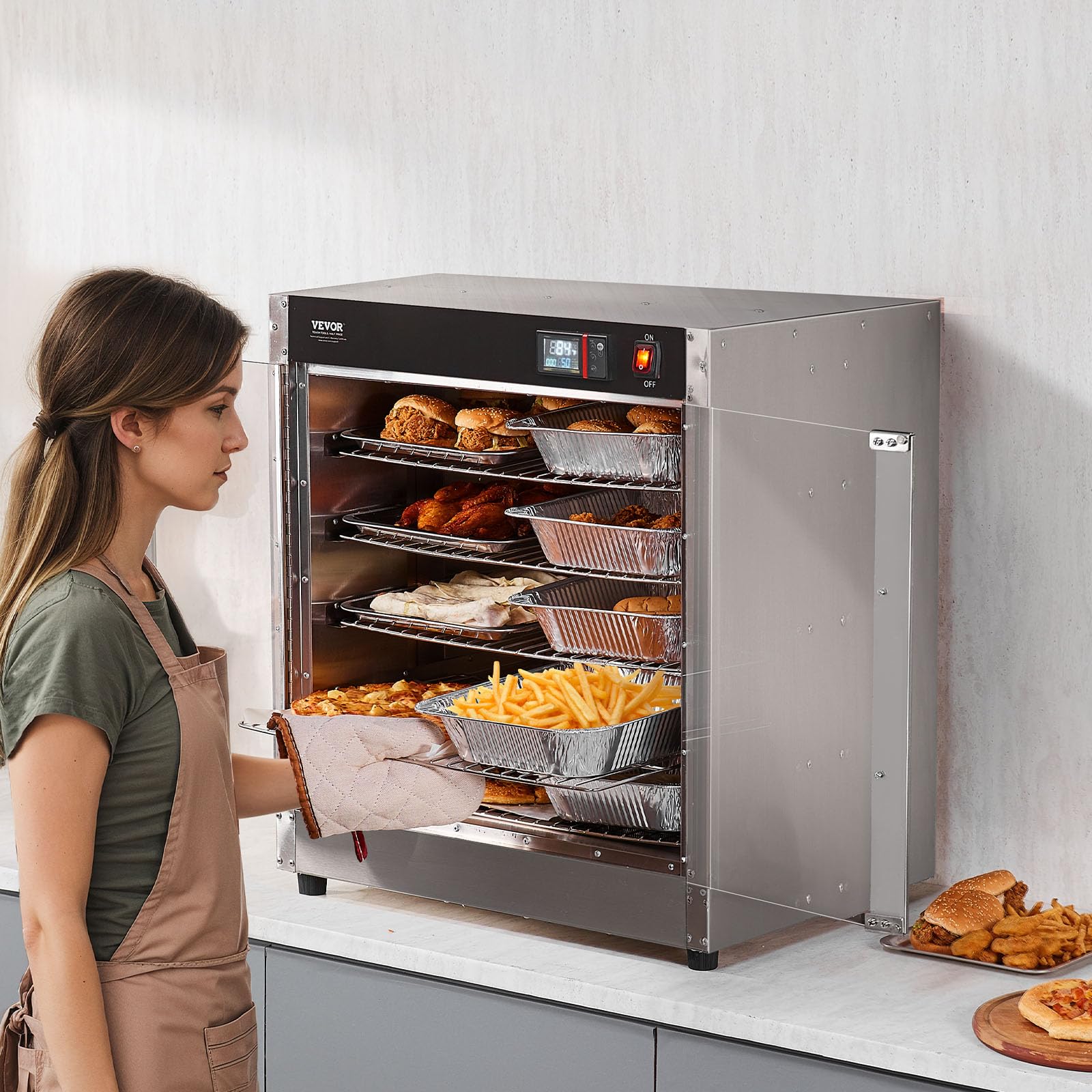 VEVOR Hot Box Food Warmer, 5-Tier Concession Warmer with Water Tray, 5 Pans, Double-Door and Adjustable Shelves, Stainless Steel Food Warmer Cabinet, Ideal for Storing Pizza, Chicken, Restaurant - Image 3