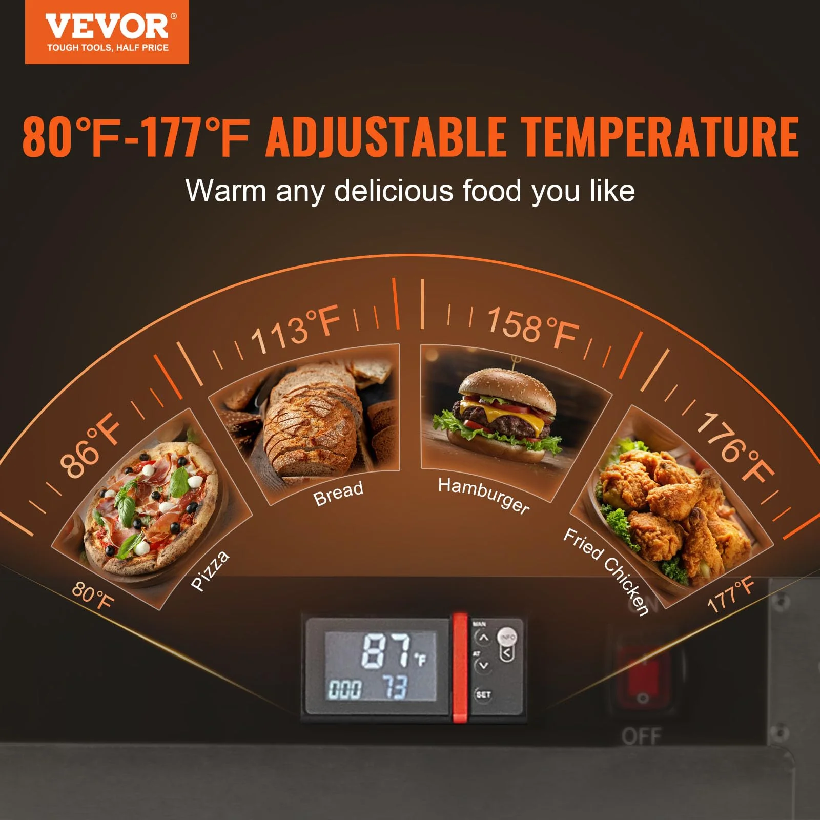 VEVOR Hot Box Food Warmer, 5-Tier Concession Warmer with Water Tray, 5 Pans, Double-Door and Adjustable Shelves, Stainless Steel Food Warmer Cabinet, Ideal for Storing Pizza, Chicken, Restaurant - Image 9