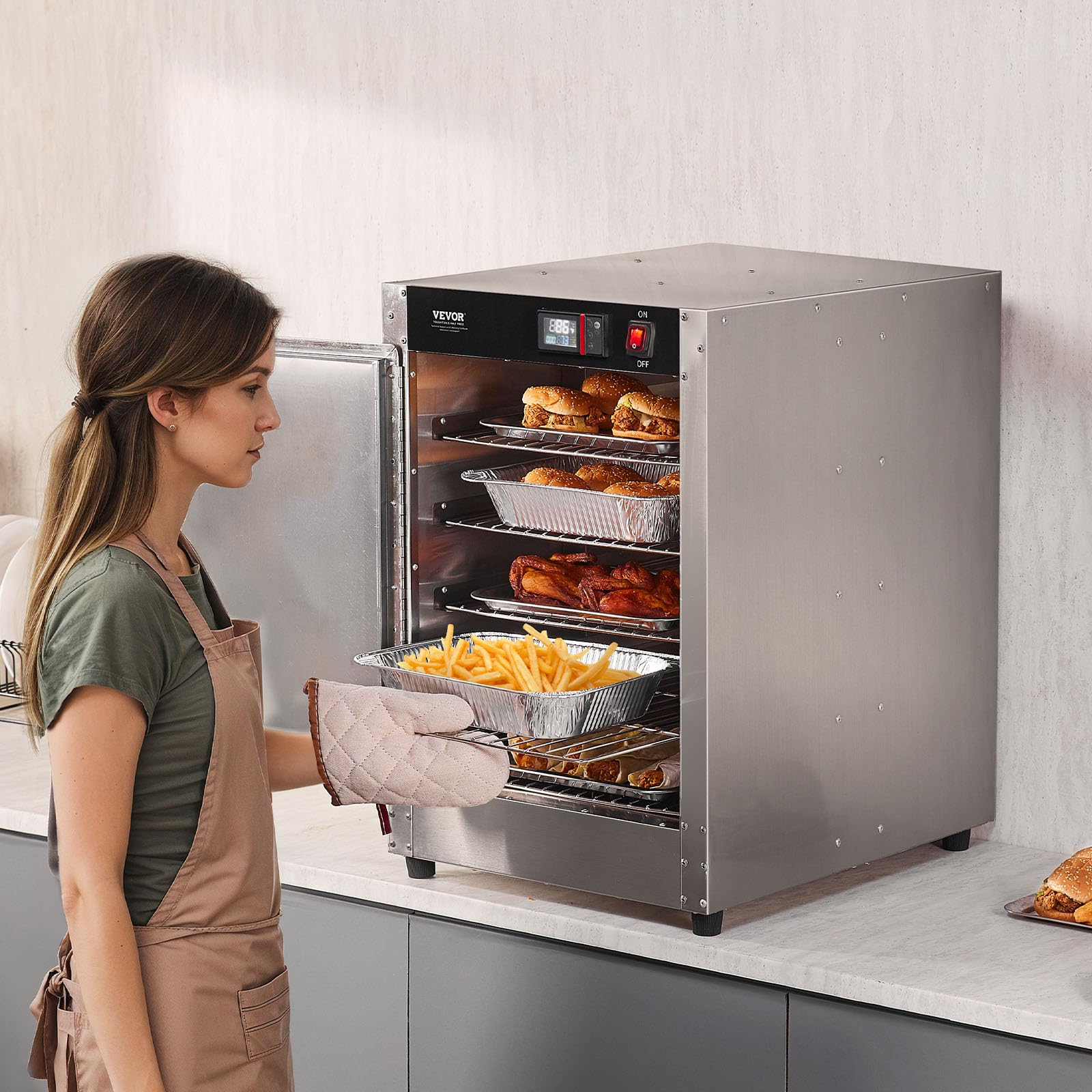 VEVOR Hot Box Food Warmer, 5-Tier Concession Warmer with Water Tray, 5 Pans, Single-Door and Adjustable Shelves, Stainless Steel Food Warmer Cabinet, Ideal for Storing Pizza, Chicken, Restaurant - Image 3