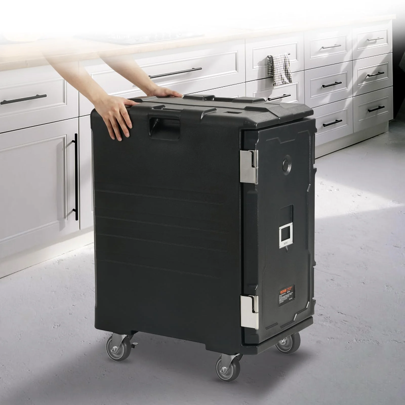 VEVOR Insulated Food Pan Carrier, 127 Qt Hot Box for Catering, LLDPE Food Box Carrier w/Double Buckles, Front Loading Food Warmer w/Handles, End Loader w/Wheels for Restaurant, Canteen, etc. Black - Image 3