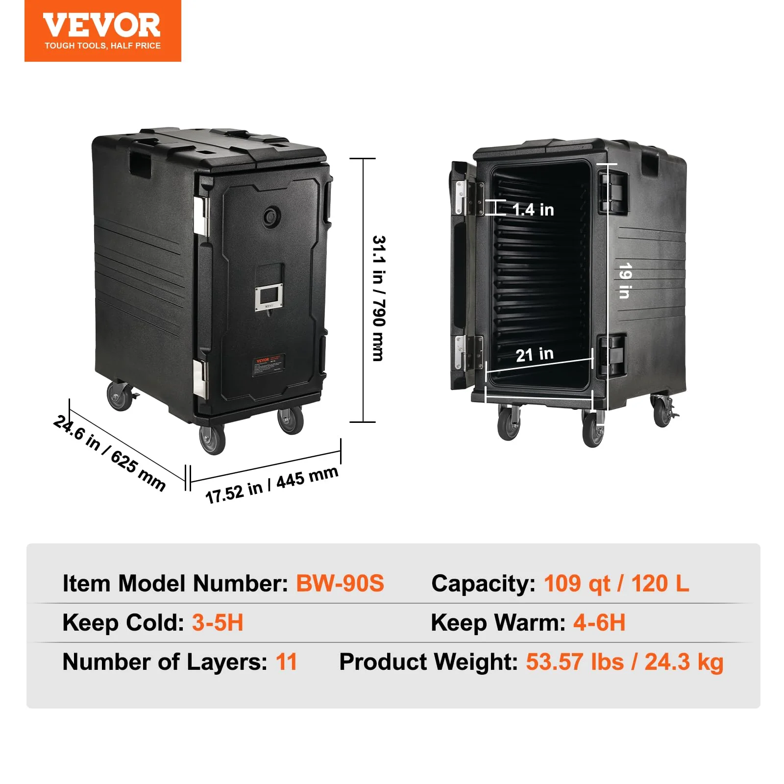 VEVOR Insulated Food Pan Carrier, 127 Qt Hot Box for Catering, LLDPE Food Box Carrier w/Double Buckles, Front Loading Food Warmer w/Handles, End Loader w/Wheels for Restaurant, Canteen, etc. Black - Image 4