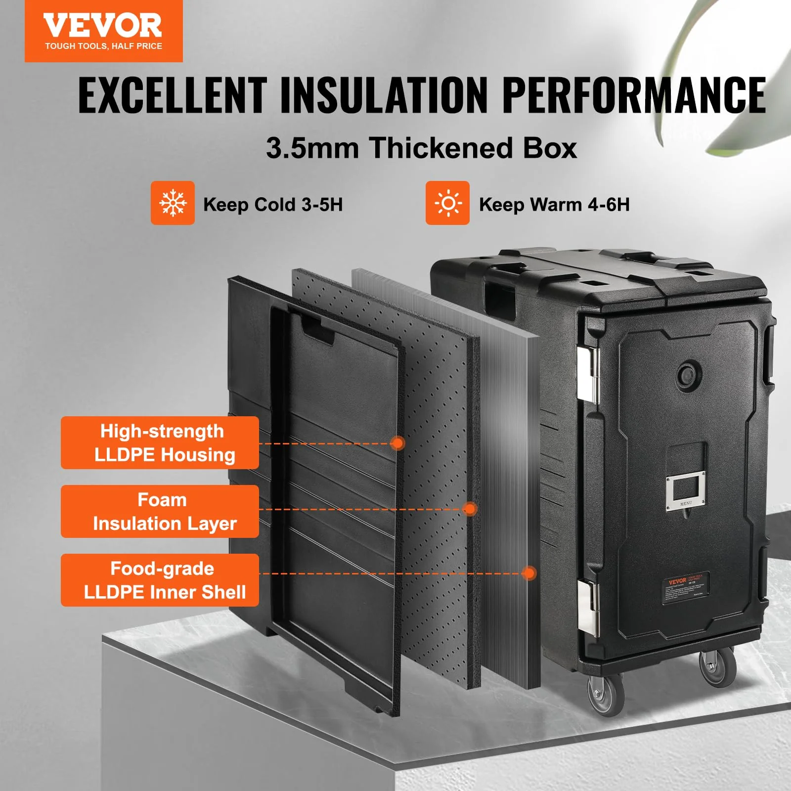 VEVOR Insulated Food Pan Carrier, 127 Qt Hot Box for Catering, LLDPE Food Box Carrier w/Double Buckles, Front Loading Food Warmer w/Handles, End Loader w/Wheels for Restaurant, Canteen, etc. Black - Image 8