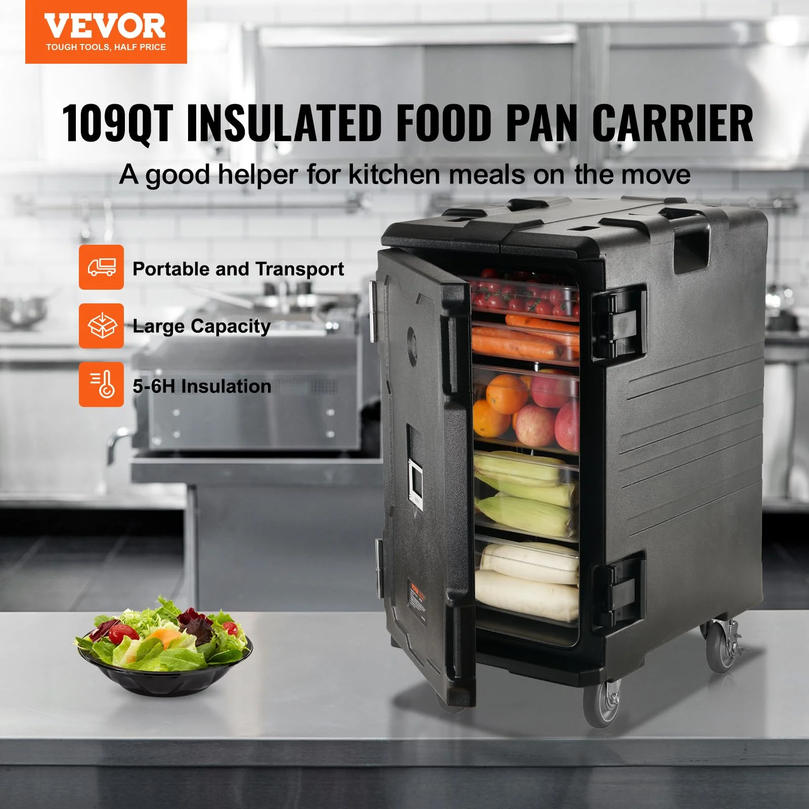 VEVOR Insulated Food Pan Carrier, 127 Qt Hot Box for Catering, LLDPE Food Box Carrier w/Double Buckles, Front Loading Food Warmer w/Handles, End Loader w/Wheels for Restaurant, Canteen, etc. Black - Image 9