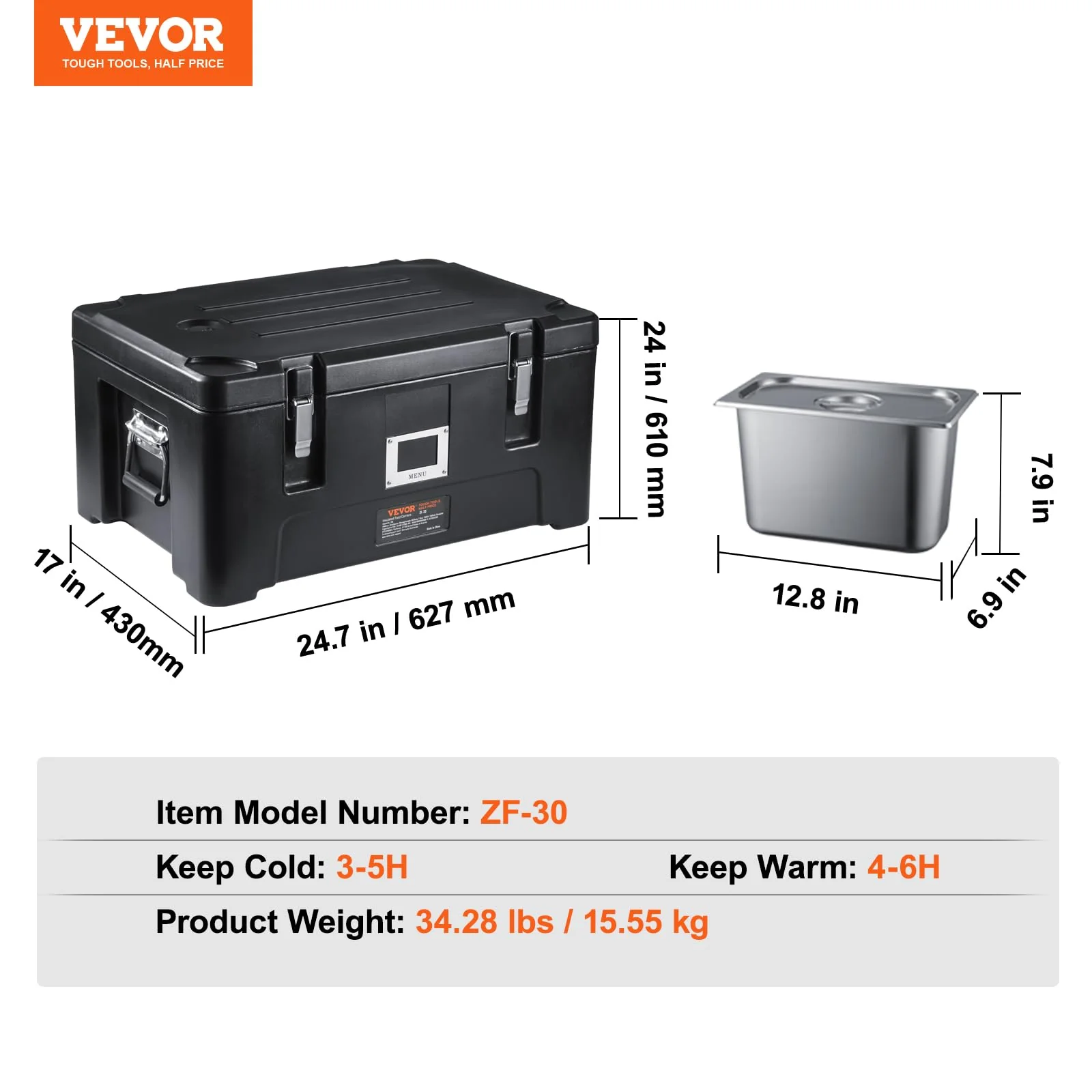 VEVOR Insulated Food Pan Carrier, 36Qt Capacity, Stackable Hot Box for catering w/ 3 Stainless Steel Pans, Top Load LLDPE Food Warmer w/Elastic Side Handles and Buckles, for Restaurant Canteen, Black - Image 4
