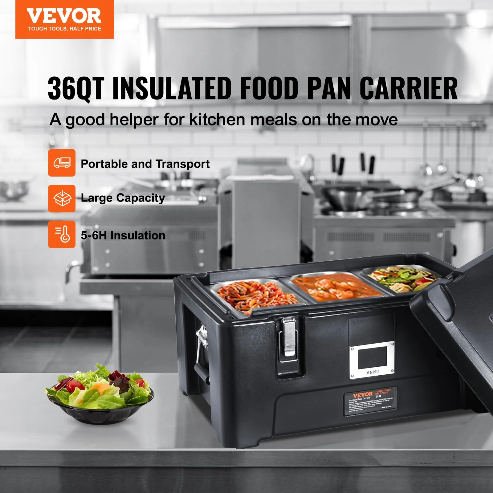 VEVOR Insulated Food Pan Carrier, 36Qt Capacity, Stackable Hot Box for catering w/ 3 Stainless Steel Pans, Top Load LLDPE Food Warmer w/Elastic Side Handles and Buckles, for Restaurant Canteen, Black - Image 9