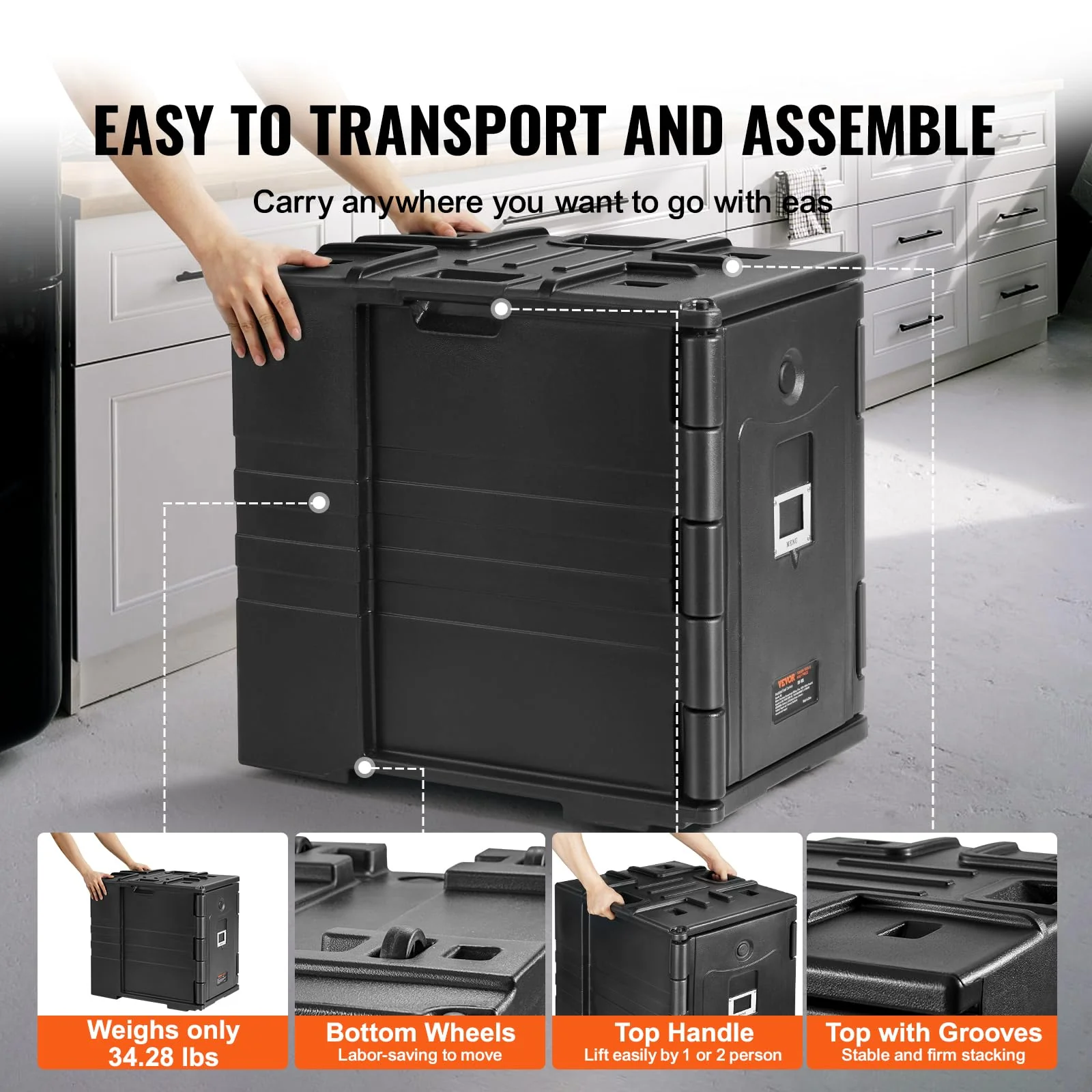 VEVOR Insulated Food Pan Carrier, 95 Qt Hot Box for Catering, LLDPE Food Box Carrier w/Double Buckles, Front Loading Food Warmer w/Handles, Stackable End Loader for Restaurant, Canteen, etc. Black - Image 5