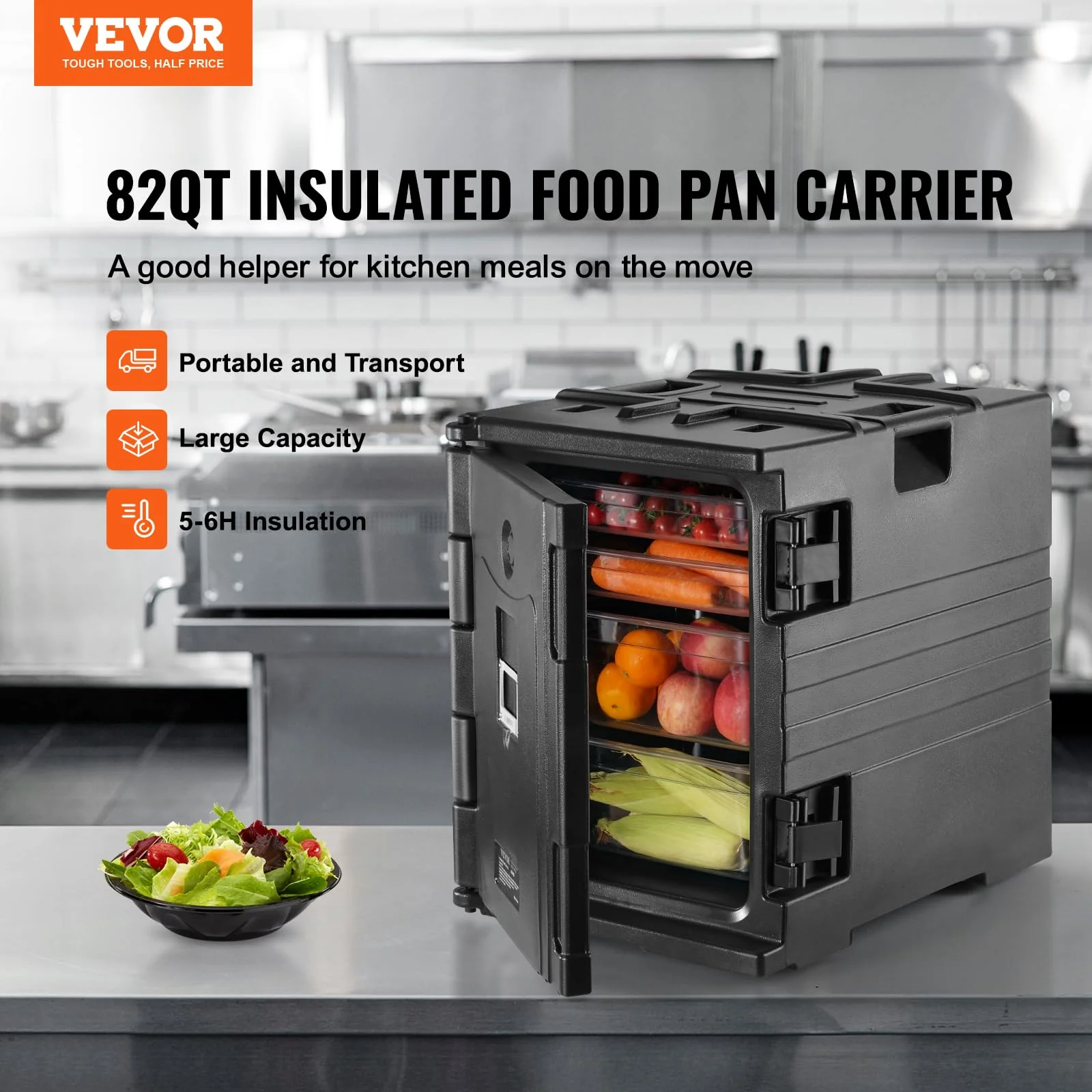 VEVOR Insulated Food Pan Carrier, 95 Qt Hot Box for Catering, LLDPE Food Box Carrier w/Double Buckles, Front Loading Food Warmer w/Handles, Stackable End Loader for Restaurant, Canteen, etc. Black - Image 8