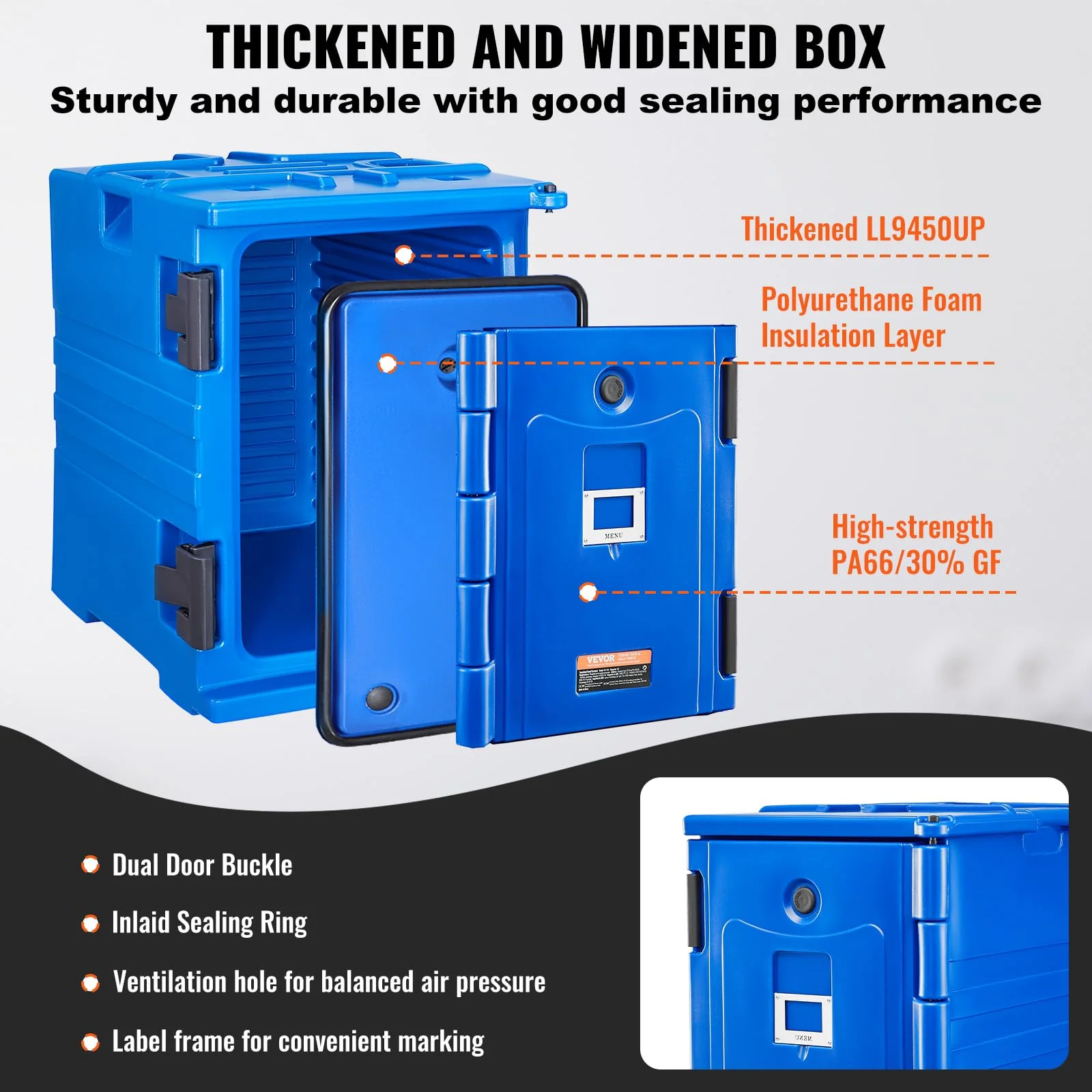 VEVOR Insulated Food Pan Carrier, 95 Qt Hot Box for Catering, LLDPE Food Box Carrier w/Double Buckles, Front Loading Food Warmer w/Handles, Stackable End Loader for Restaurant, Canteen, etc. Blue - Image 10