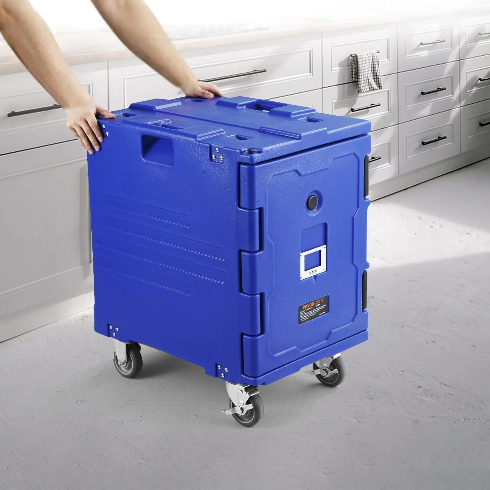 VEVOR Insulated Food Pan Carrier, 95 Qt Hot Box for Catering, LLDPE Food Box Carrier w/One-Piece Buckle, Front Loading Food Warmer w/Handles, End Loader w/Wheels for Restaurant, Canteen, etc. Blue - Image 3