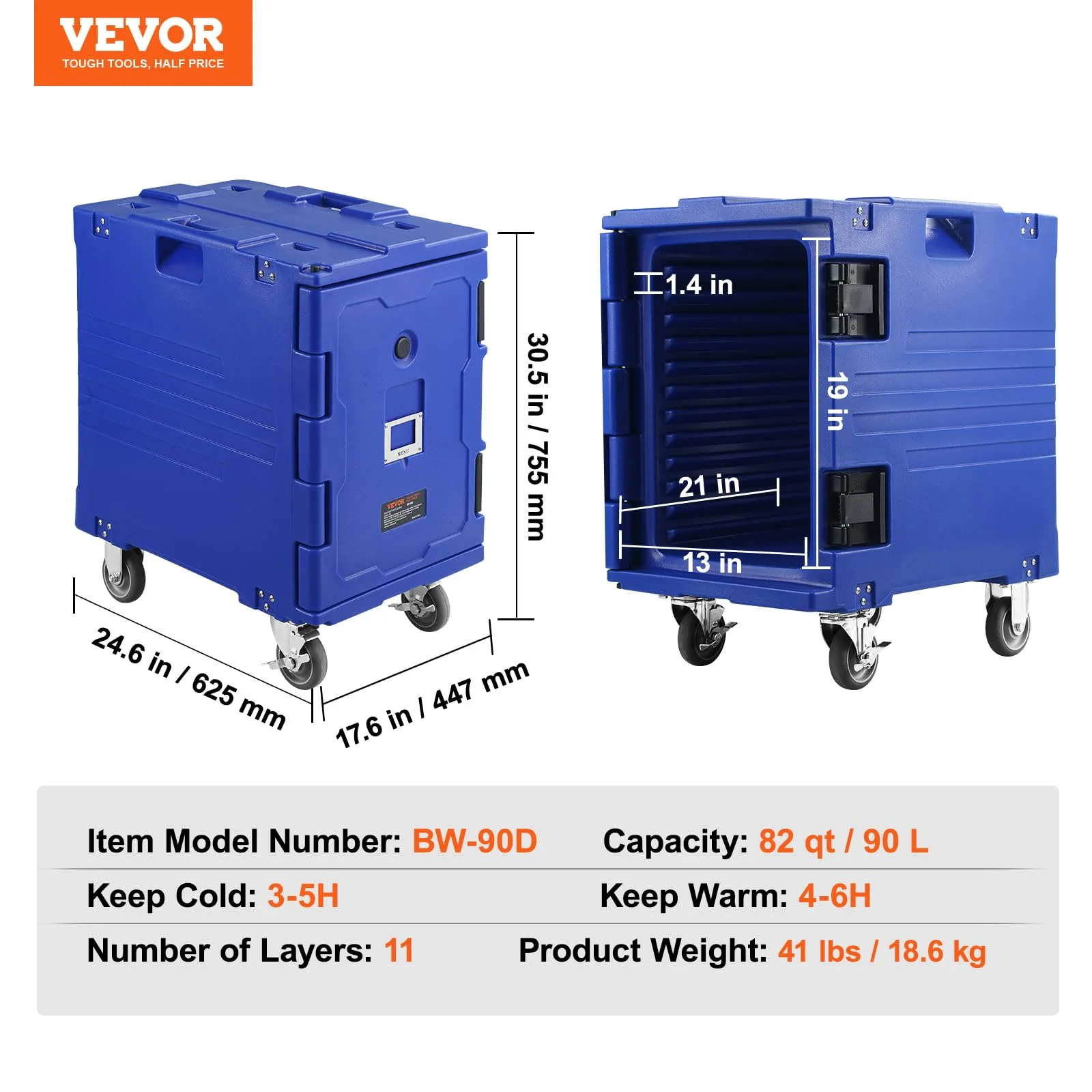VEVOR Insulated Food Pan Carrier, 95 Qt Hot Box for Catering, LLDPE Food Box Carrier w/One-Piece Buckle, Front Loading Food Warmer w/Handles, End Loader w/Wheels for Restaurant, Canteen, etc. Blue - Image 4