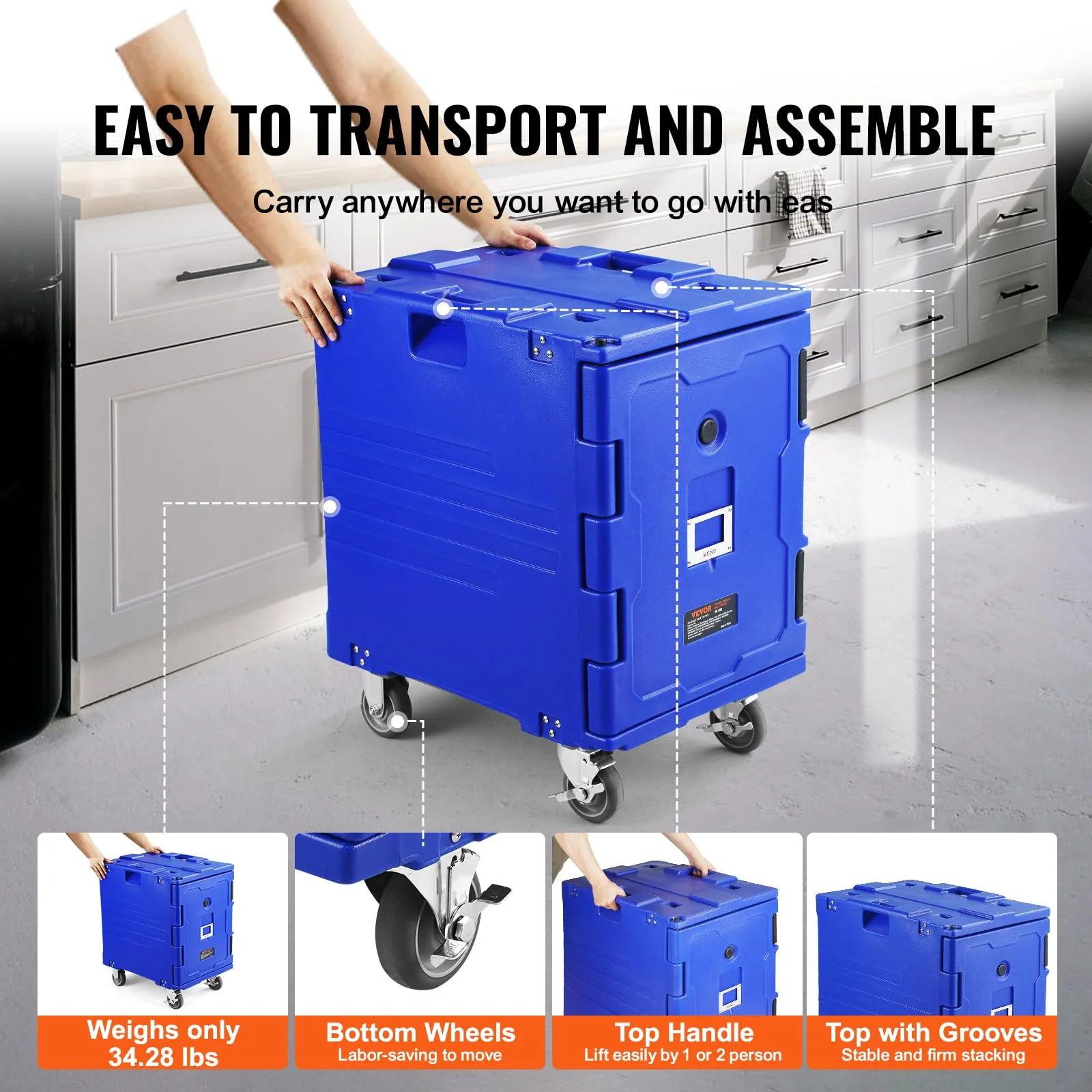 VEVOR Insulated Food Pan Carrier, 95 Qt Hot Box for Catering, LLDPE Food Box Carrier w/One-Piece Buckle, Front Loading Food Warmer w/Handles, End Loader w/Wheels for Restaurant, Canteen, etc. Blue - Image 6