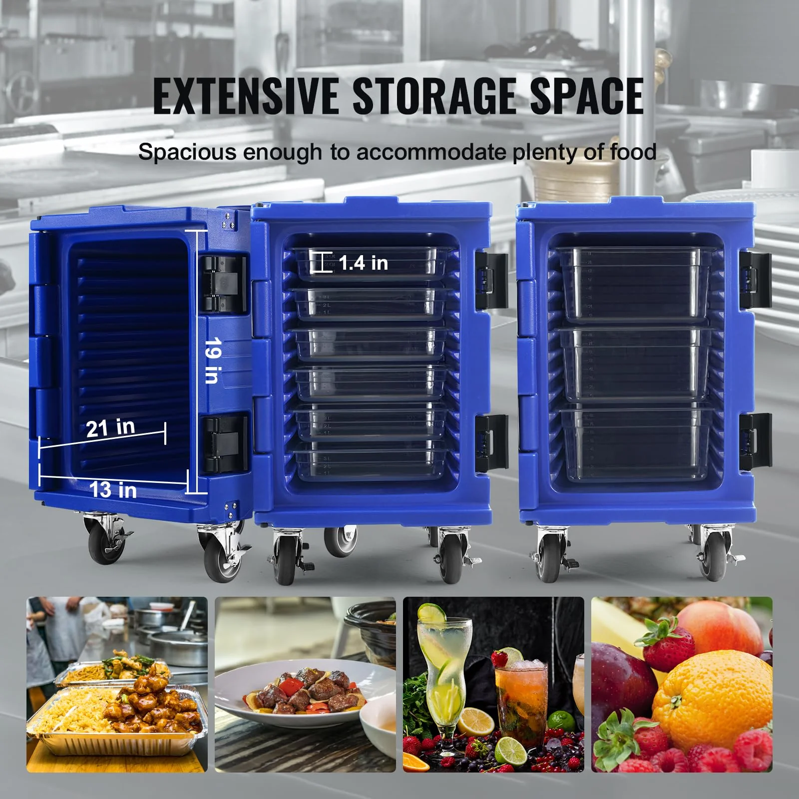 VEVOR Insulated Food Pan Carrier, 95 Qt Hot Box for Catering, LLDPE Food Box Carrier w/One-Piece Buckle, Front Loading Food Warmer w/Handles, End Loader w/Wheels for Restaurant, Canteen, etc. Blue - Image 7