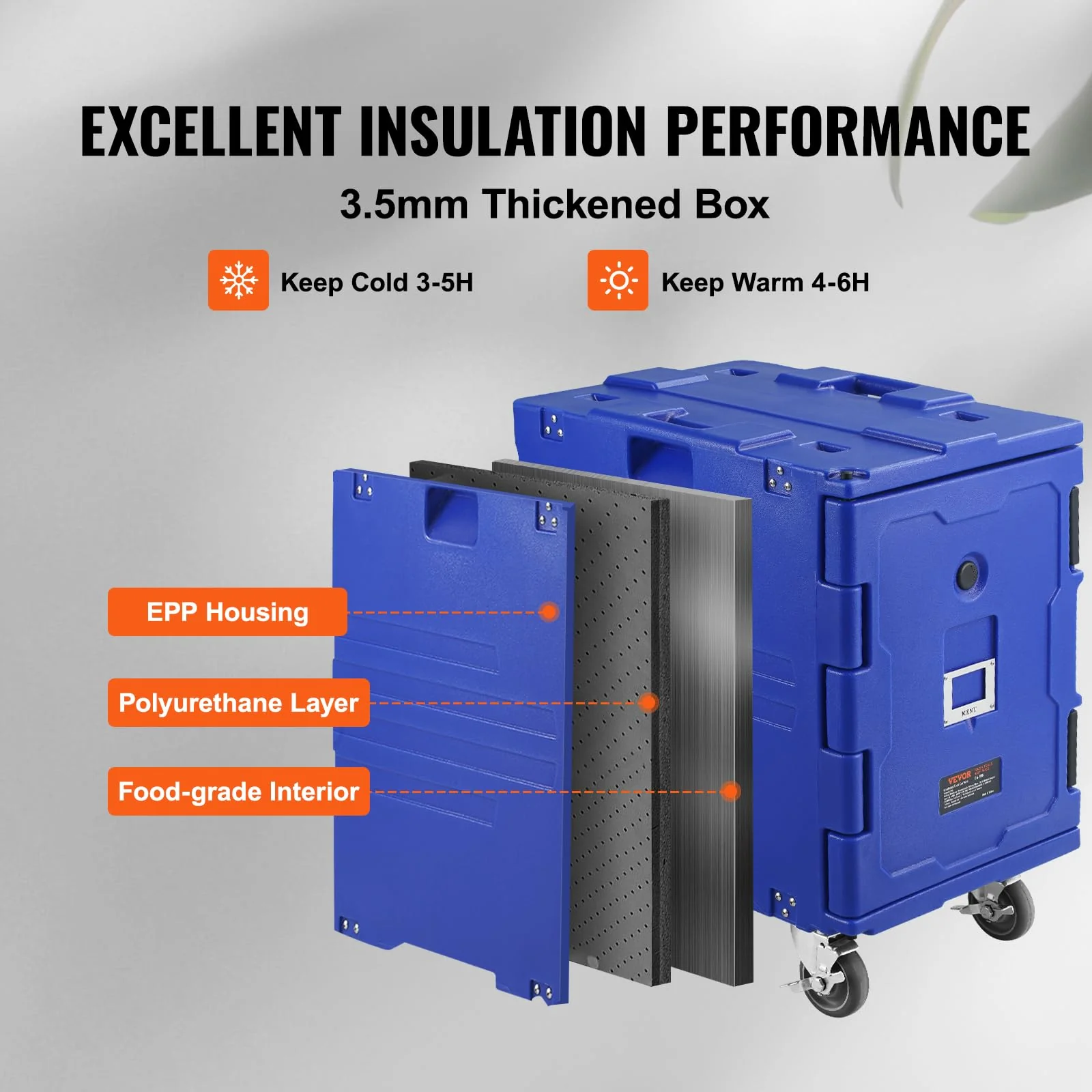 VEVOR Insulated Food Pan Carrier, 95 Qt Hot Box for Catering, LLDPE Food Box Carrier w/One-Piece Buckle, Front Loading Food Warmer w/Handles, End Loader w/Wheels for Restaurant, Canteen, etc. Blue - Image 8