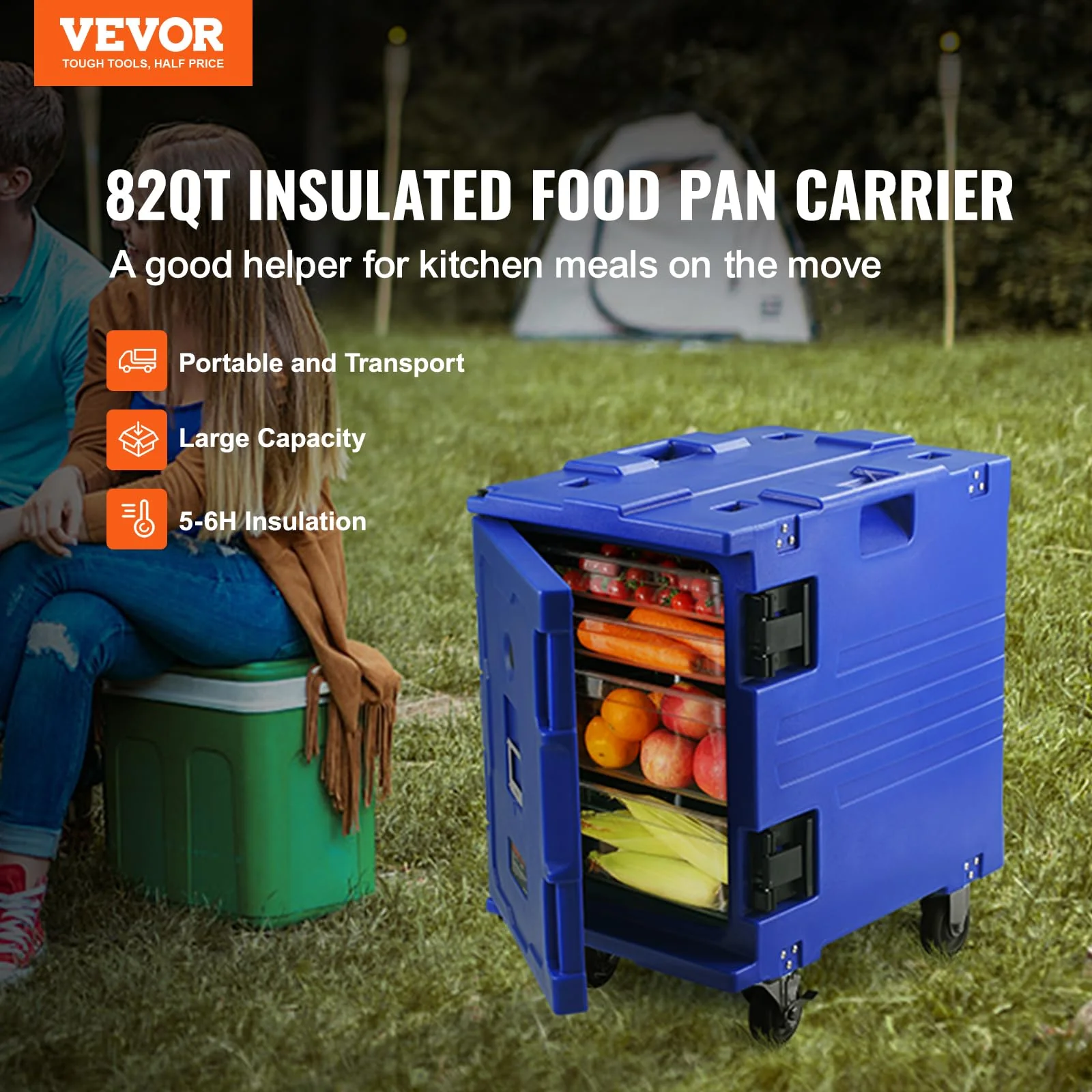 VEVOR Insulated Food Pan Carrier, 95 Qt Hot Box for Catering, LLDPE Food Box Carrier w/One-Piece Buckle, Front Loading Food Warmer w/Handles, End Loader w/Wheels for Restaurant, Canteen, etc. Blue - Image 9