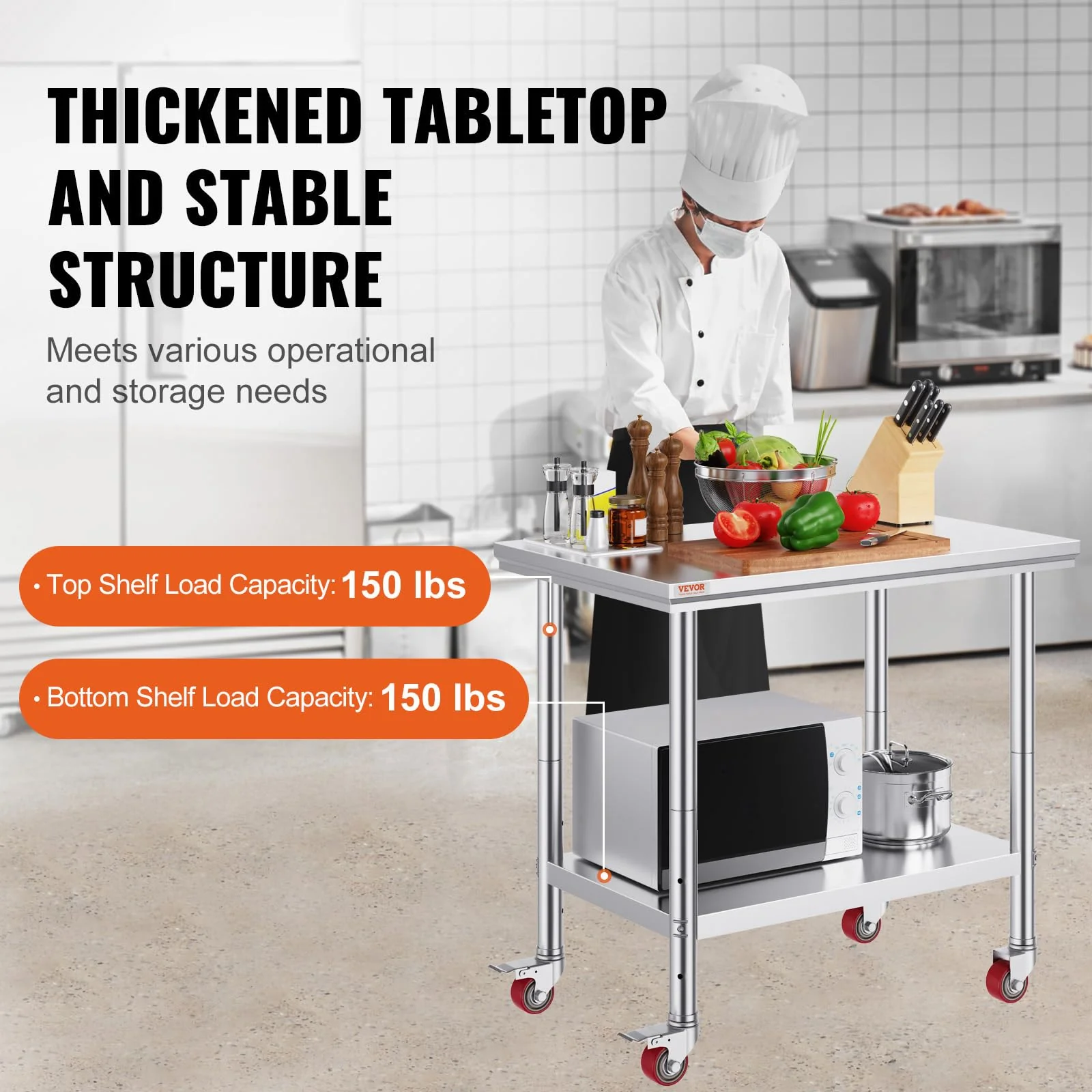 Vevor Mophorn Stainless Steel Work Table 36x24 Inch with 4 Wheels, Casters Heavy Duty Food Prep Worktable for Commercial Kitchen Restaurant, Silver - Image 8