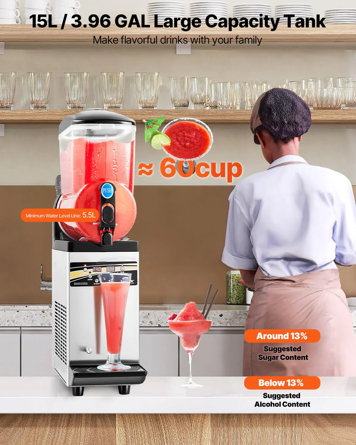 VEVOR Slushy Machine, 15L Single Tank Commercial Margarita Machine, 60 Cups Stainless Steel Margarita Smoothie Frozen Drink Machine, Slushie Machine for Home Party Restaurants Cafe Bars - Image 9