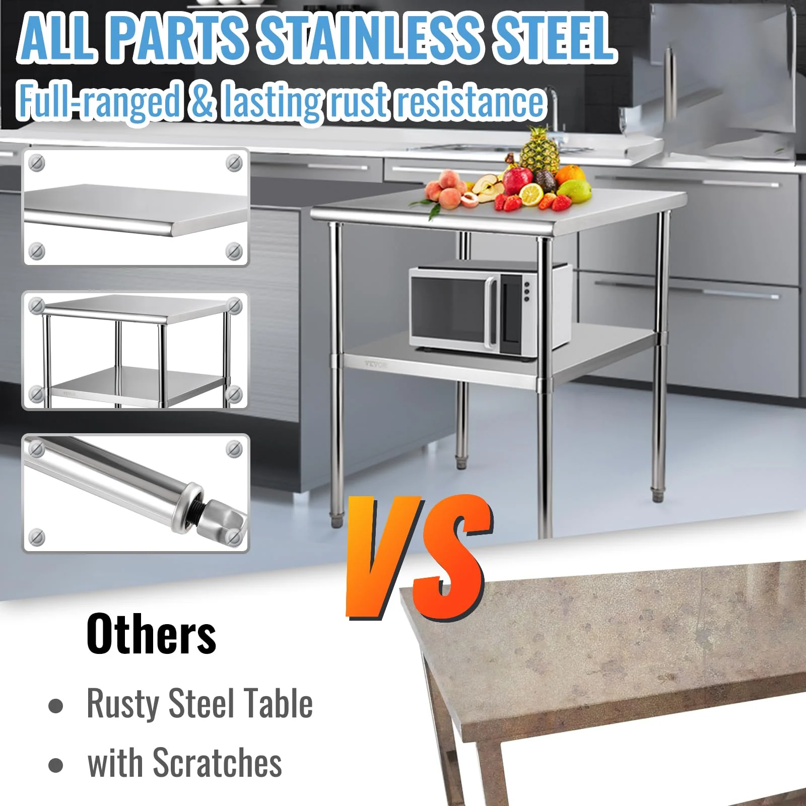 VEVOR Stainless Steel Prep Table, 30 x 30 x 36 Inch, 800lbs Load Capacity Heavy Duty Metal Worktable with Adjustable Undershelf & Feet, Commercial Workstation for Kitchen Garage Restaurant Backyard - Image 6