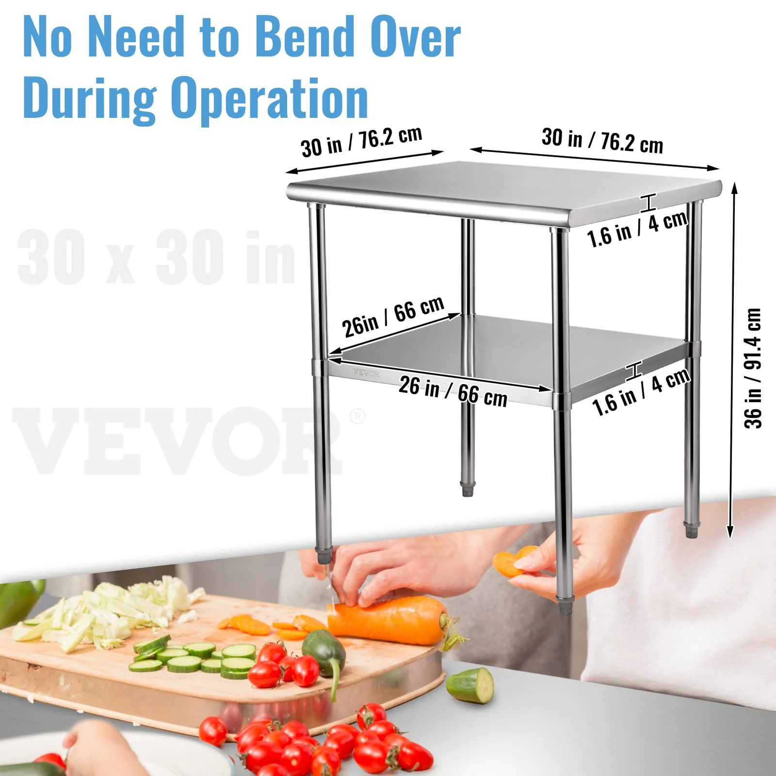 VEVOR Stainless Steel Prep Table, 30 x 30 x 36 Inch, 800lbs Load Capacity Heavy Duty Metal Worktable with Adjustable Undershelf & Feet, Commercial Workstation for Kitchen Garage Restaurant Backyard - Image 8