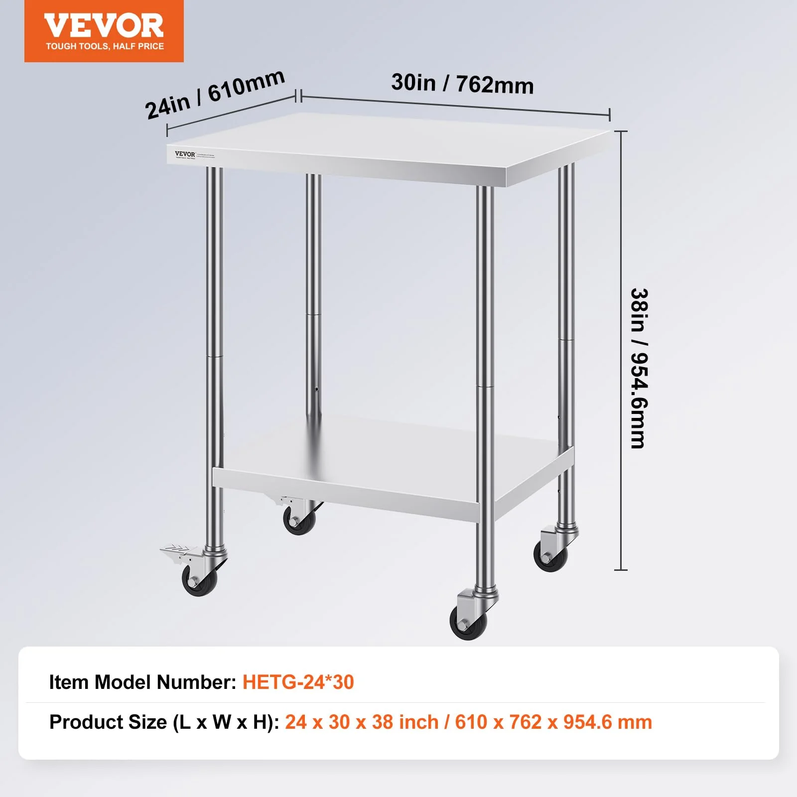 VEVOR Stainless Steel Work Table 24 x 30 x 38 Inch, with 4 Wheels, 3 Adjustable Height Levels, Heavy Duty Food Prep Worktable for Commercial Kitchen Restaurant, Silver - Image 8