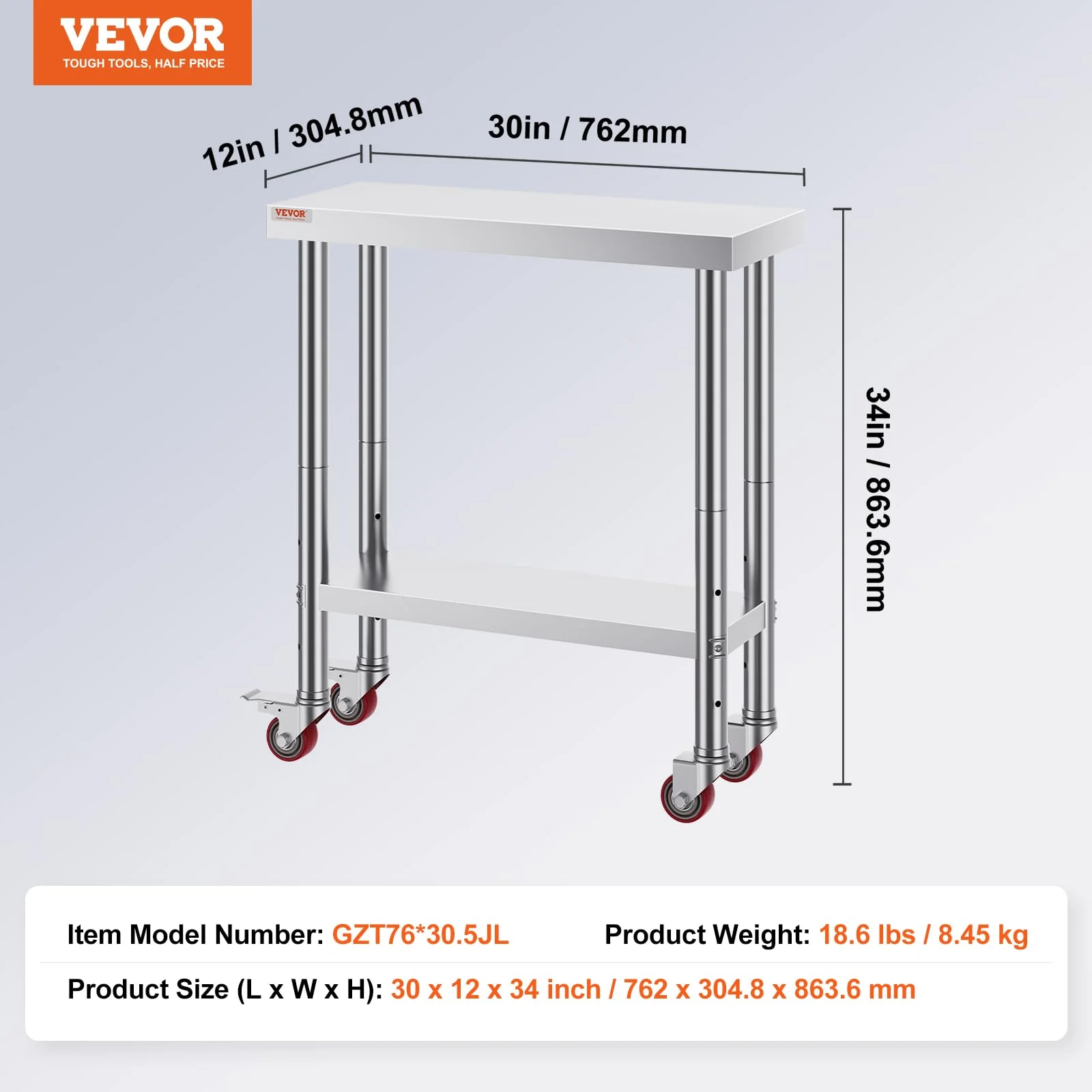 VEVOR Stainless Steel Work Table 30 x 12 x 34 Inch, 700 LBS Load Capacity with 4 Wheels, 3 Adjustable Height Levels, Heavy Duty Food Prep Worktable for Commercial Kitchen Restaurant, Silver - Image 7