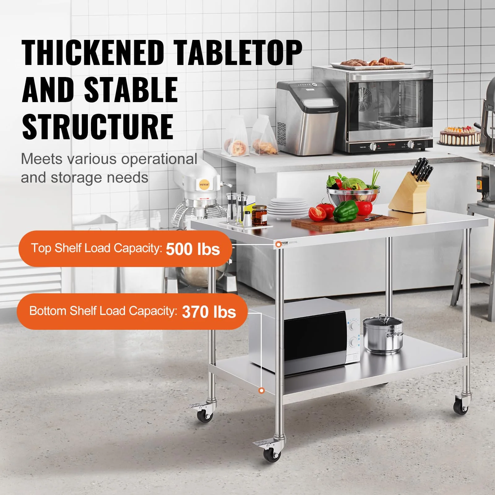 VEVOR Stainless Steel Work Table 30 x 48 x 38 Inch, with 4 Wheels, 3 Adjustable Height Levels, Heavy Duty Food Prep Worktable for Commercial Kitchen Restaurant, Silver - Image 6