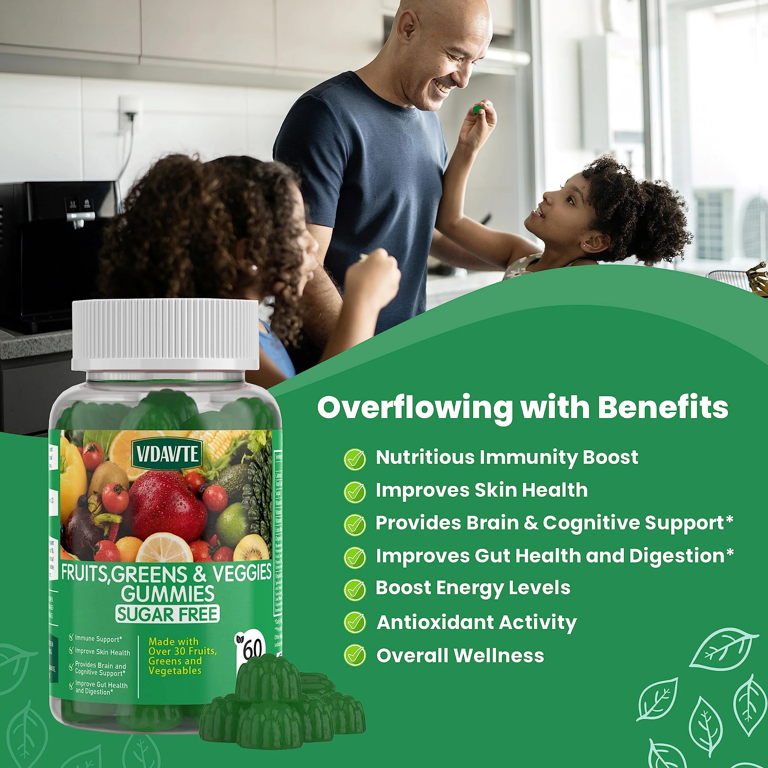 VIDAVITE Sugar-Free Fruit and Veggie Gummies — 35+ Greens, Fruit and Vegetable Vitamins to Boost Immunity, Skin & Gut Health — Ideal Fruity Vegetable Supplement for Adults & Kids (60 Gummies) - Image 9
