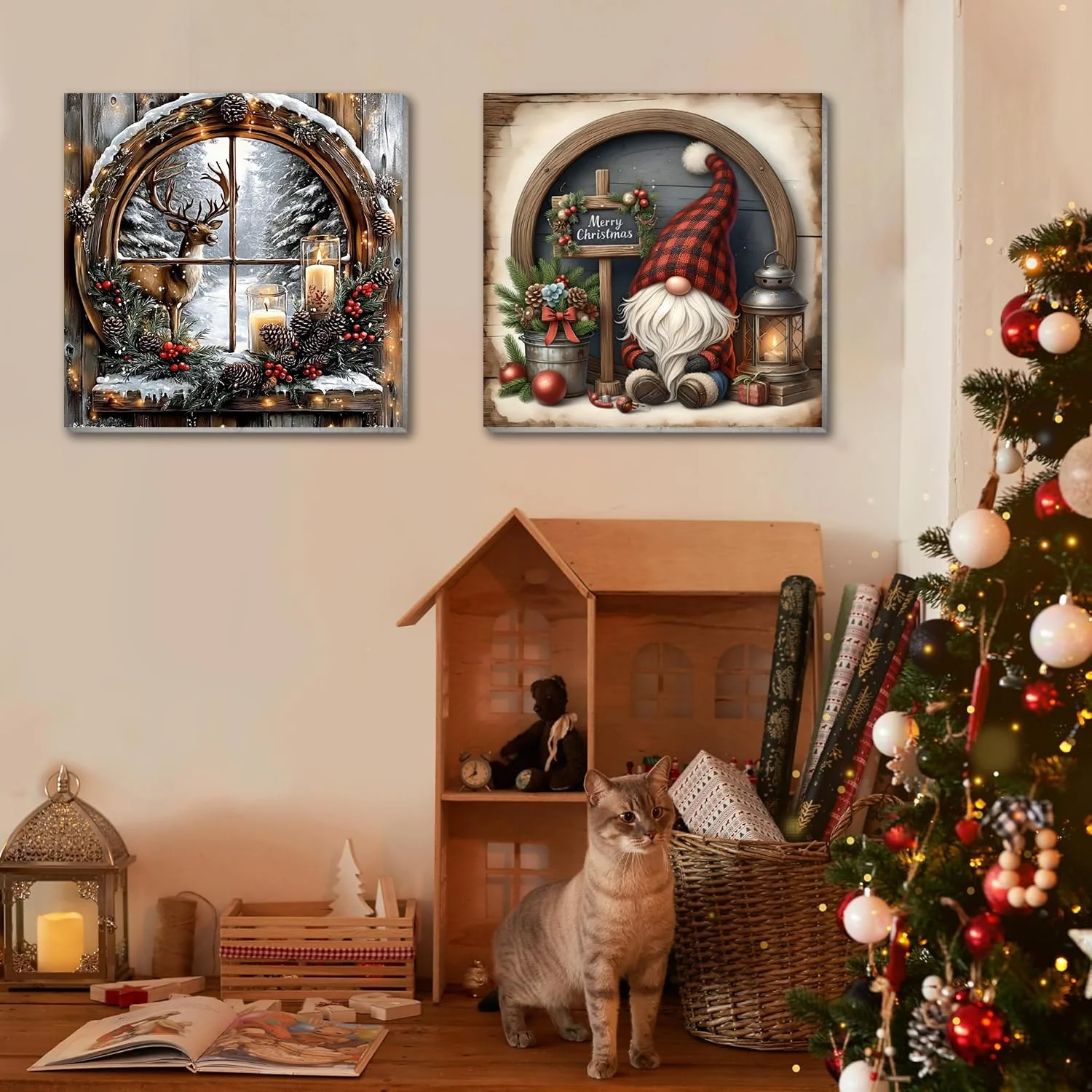 VIGEGU 4 Pack Christmas Paint by Numbers Kit for Adults with Framed,Deer Bell Lantern Gnome Paint by Number with Wooden Easel DIY Adult Painting by Number Kits for Wall Decor for Wall Decor 12x12in - Image 8